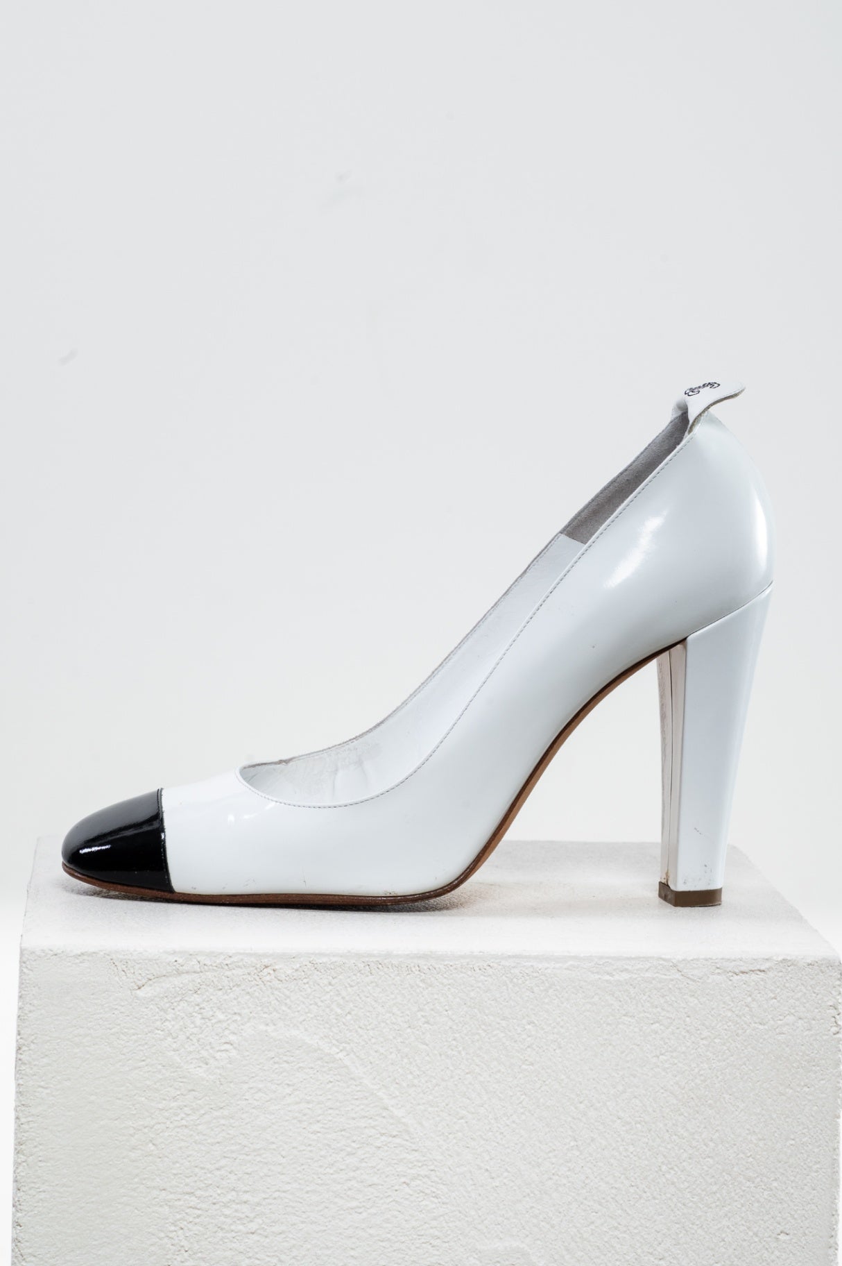 White and Black Round Toe High Heel Pump