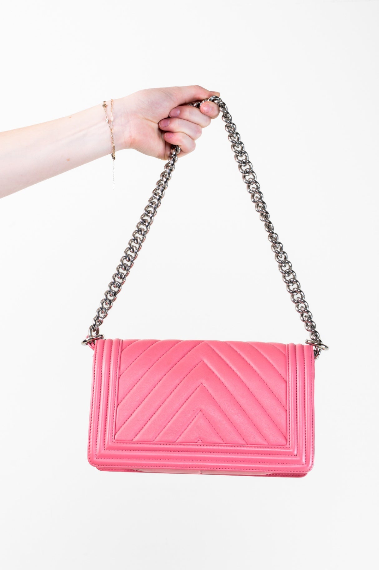 Medium Pink Calfskin Chevron Flap Boy Bag