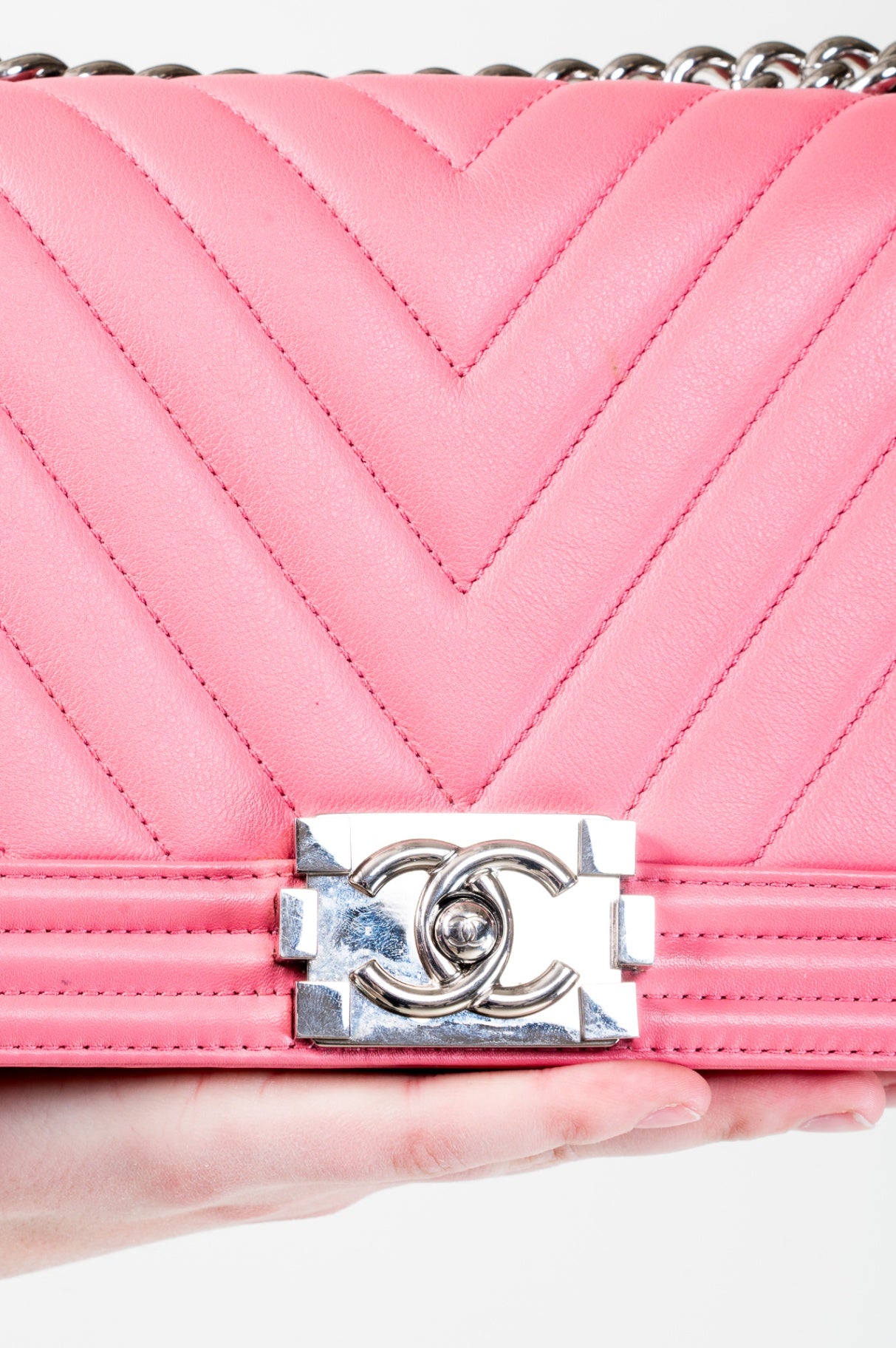 Medium Pink Calfskin Chevron Flap Boy Bag