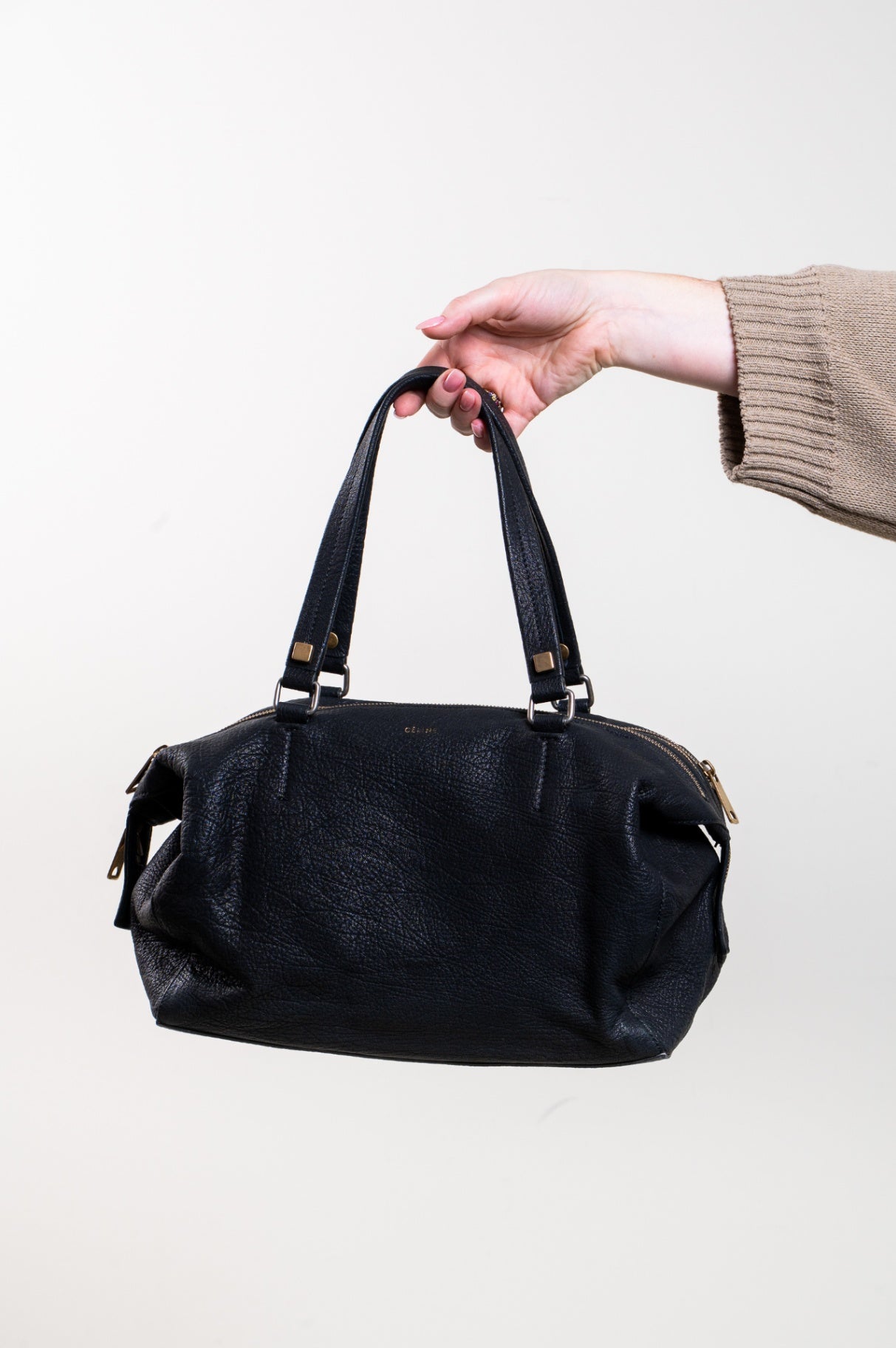 Vintage Black Pebbled Leather Tote Bag