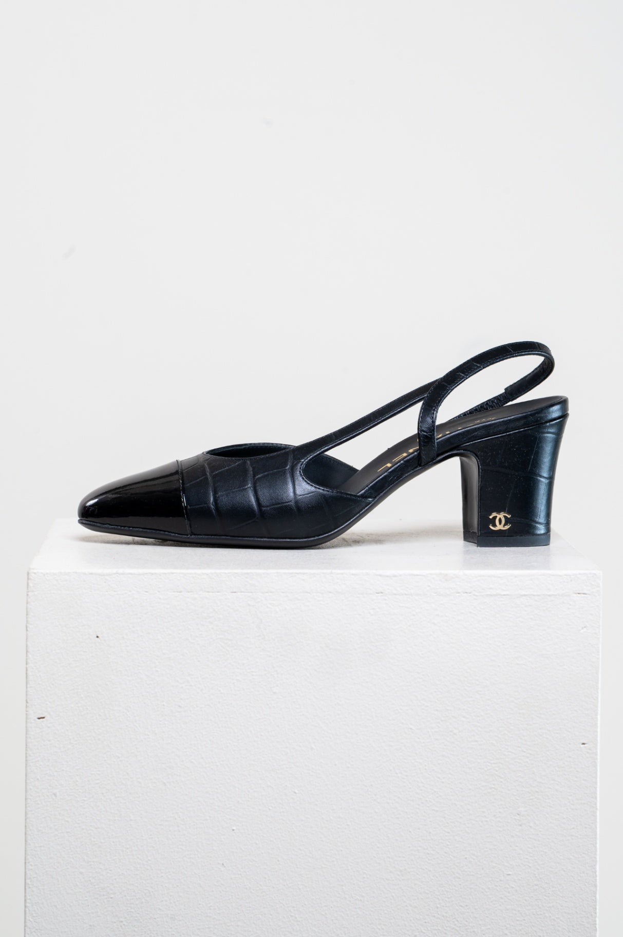 Black Croc-Embossed Slingback Kitten Heel