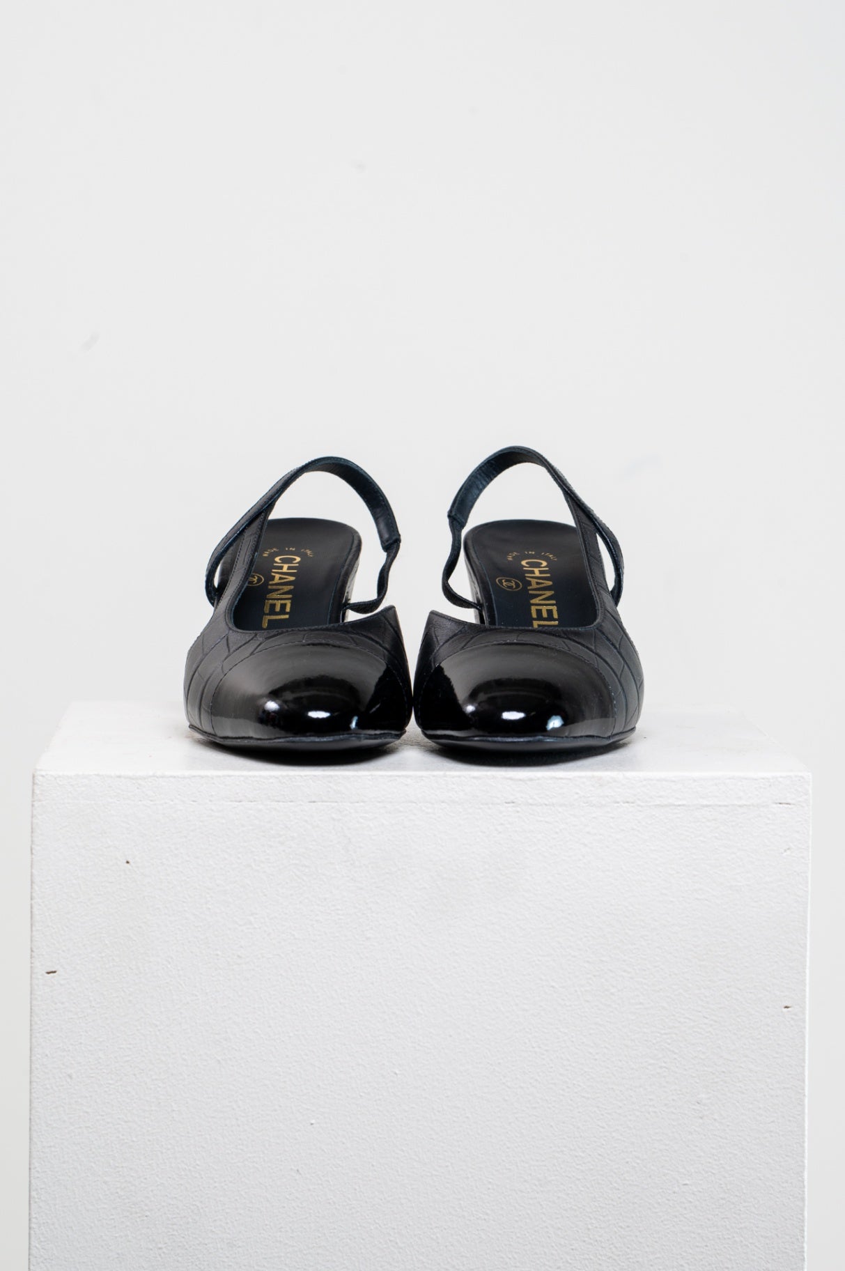 Black Croc-Embossed Slingback Kitten Heel