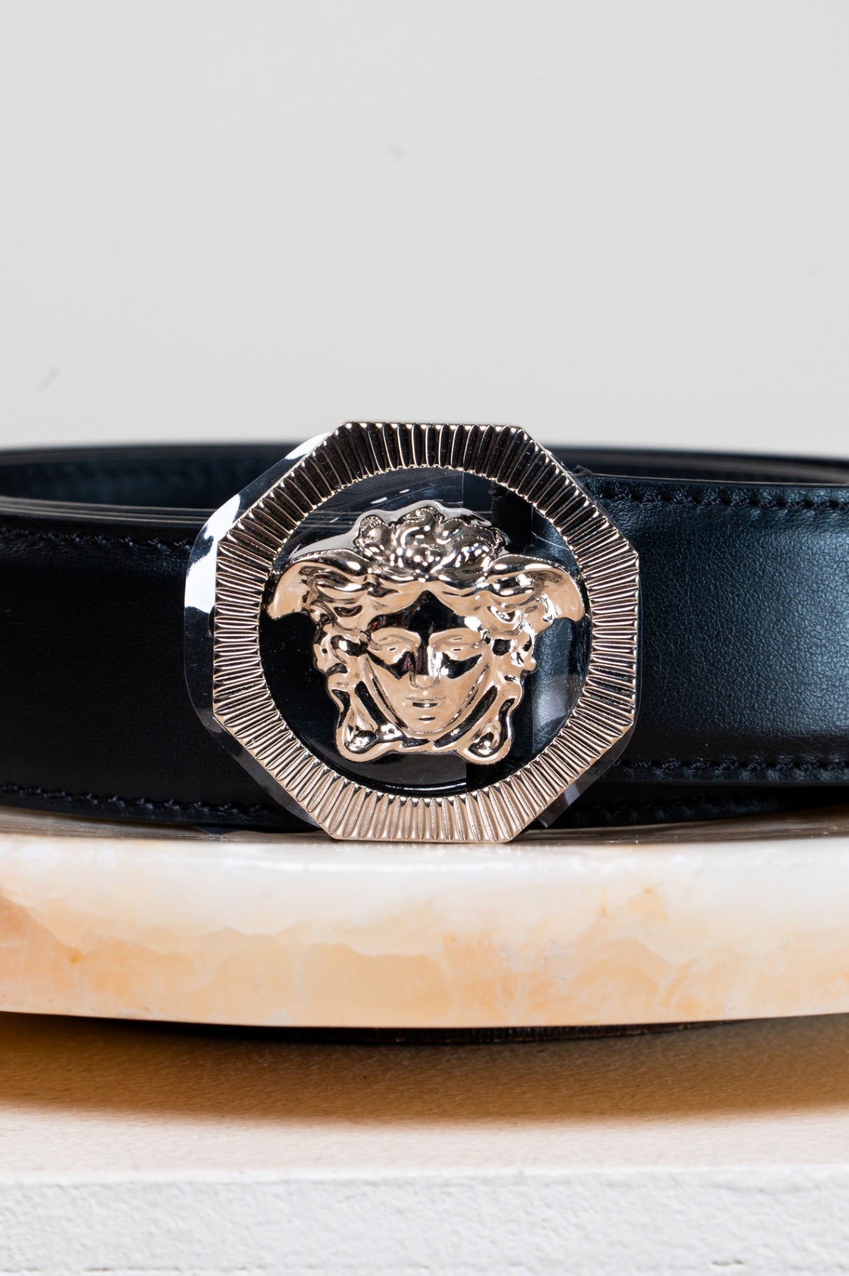 Black Leather Belt w/ Silver Medusa