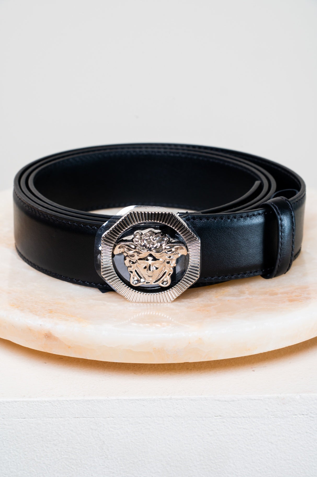 Black Leather Belt w/ Silver Medusa