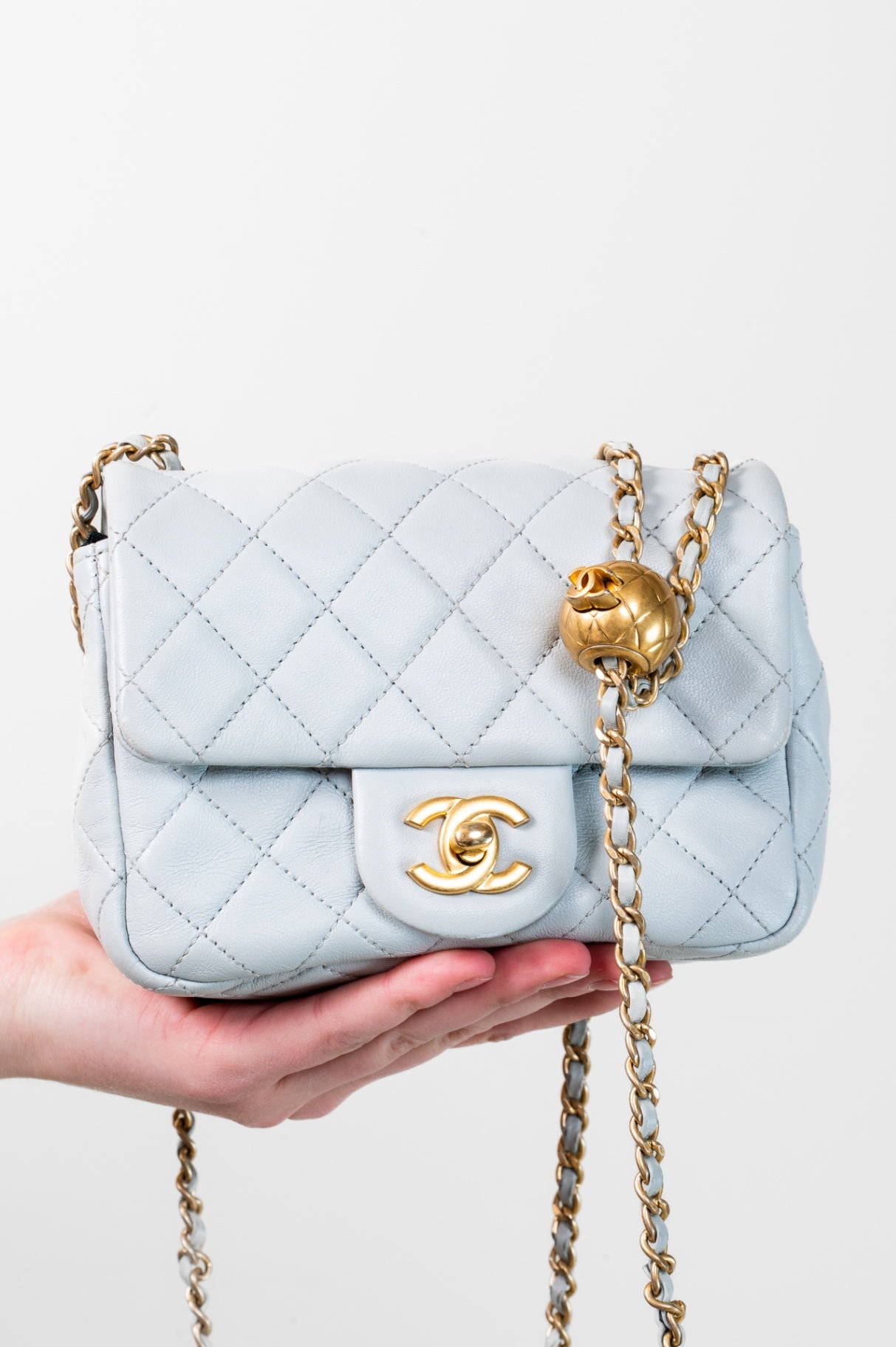 Mini Grey Lambskin Square Pearl Crush Flap Bag