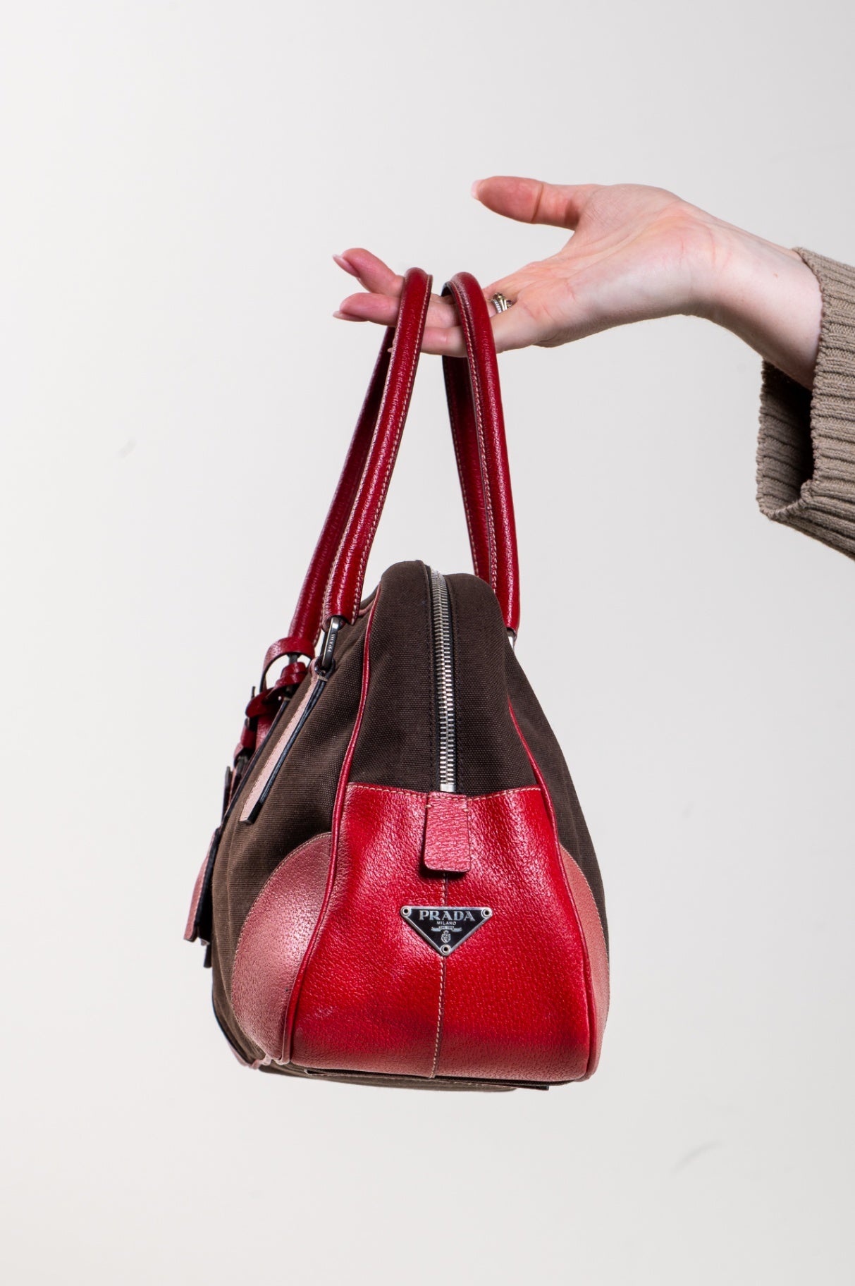 Vintage Canvas and Leather Red Brown Plaque Tote Bag