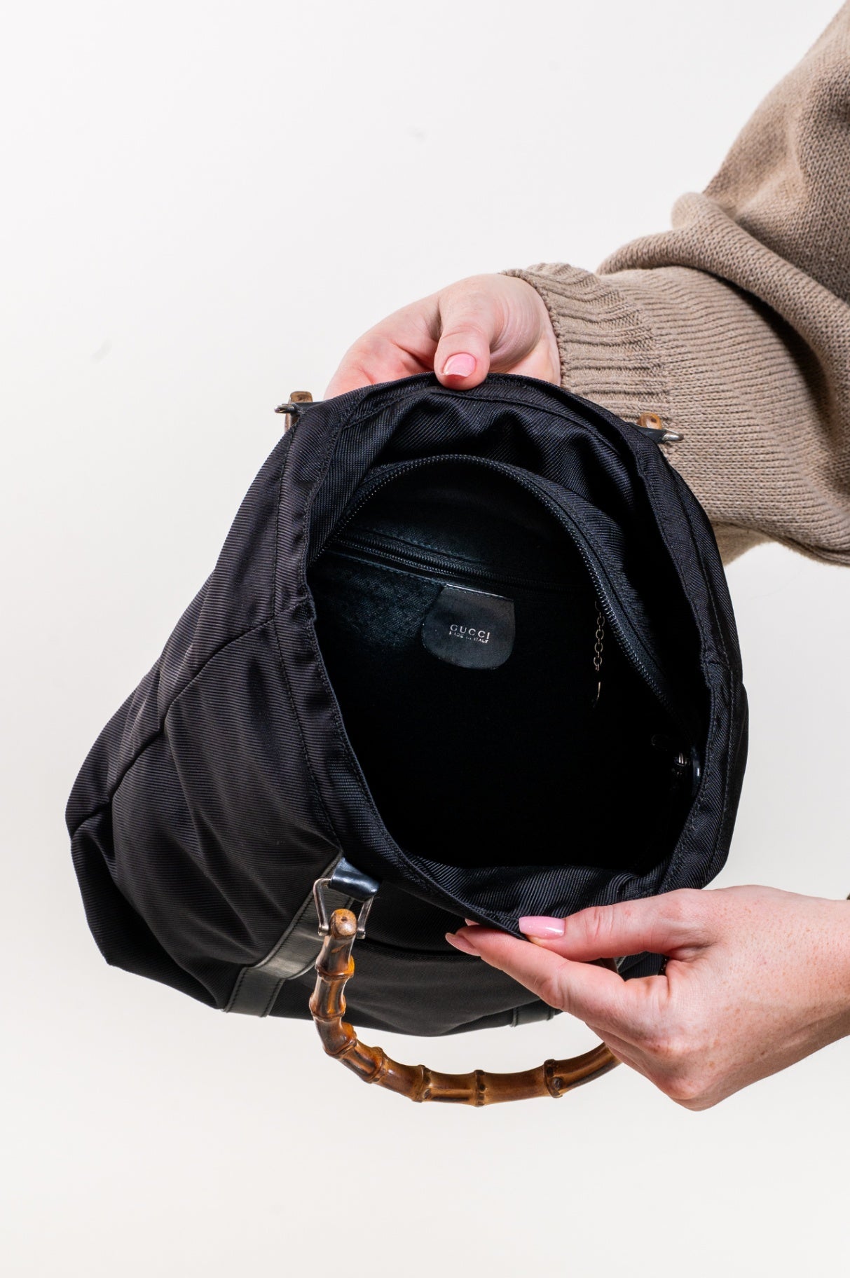 Vintage Black Bamboo Handle Canvas Tote Bag