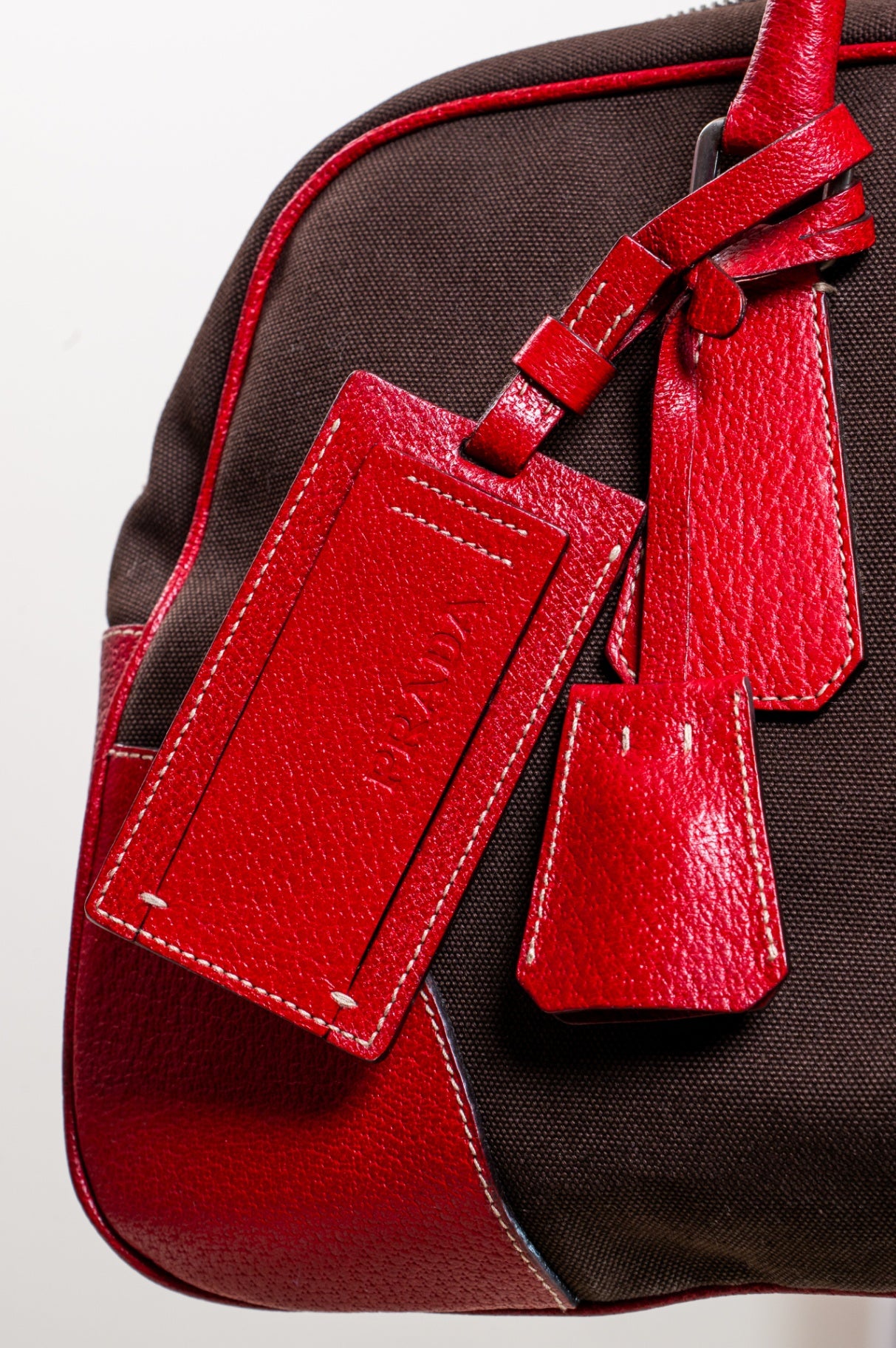 Vintage Canvas and Leather Red Brown Plaque Tote Bag