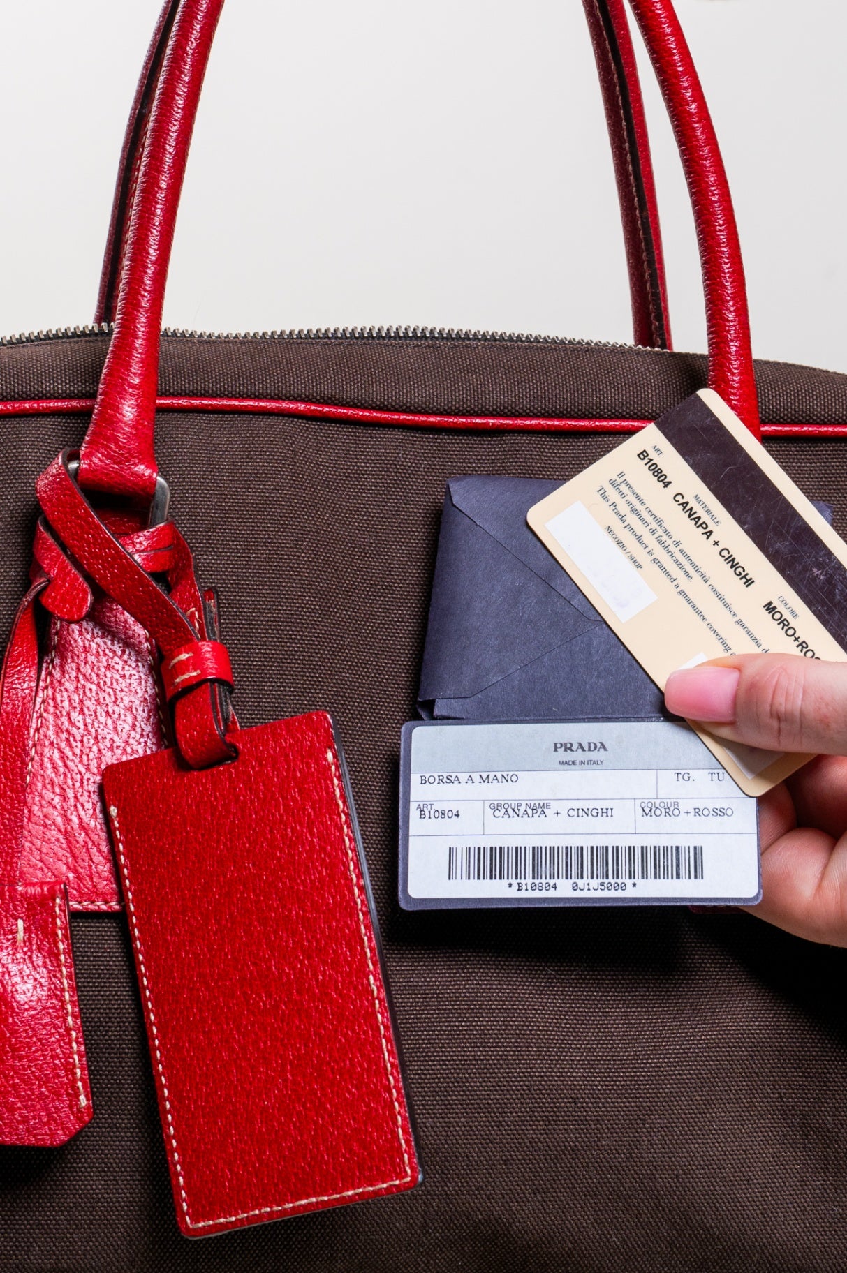 Vintage Canvas and Leather Red Brown Plaque Tote Bag