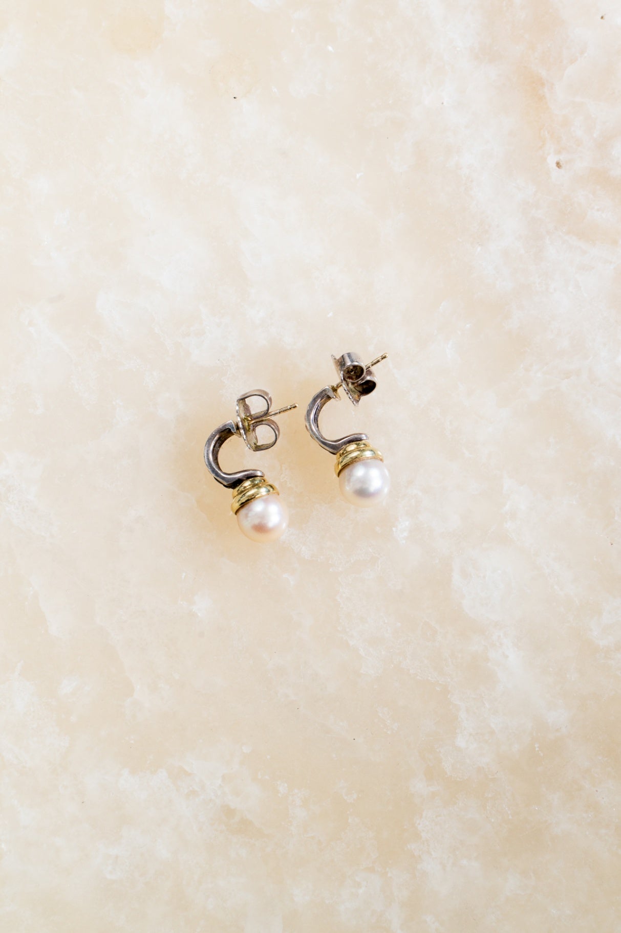 Pearl, Silver & 14k Gold Drop Earrings
