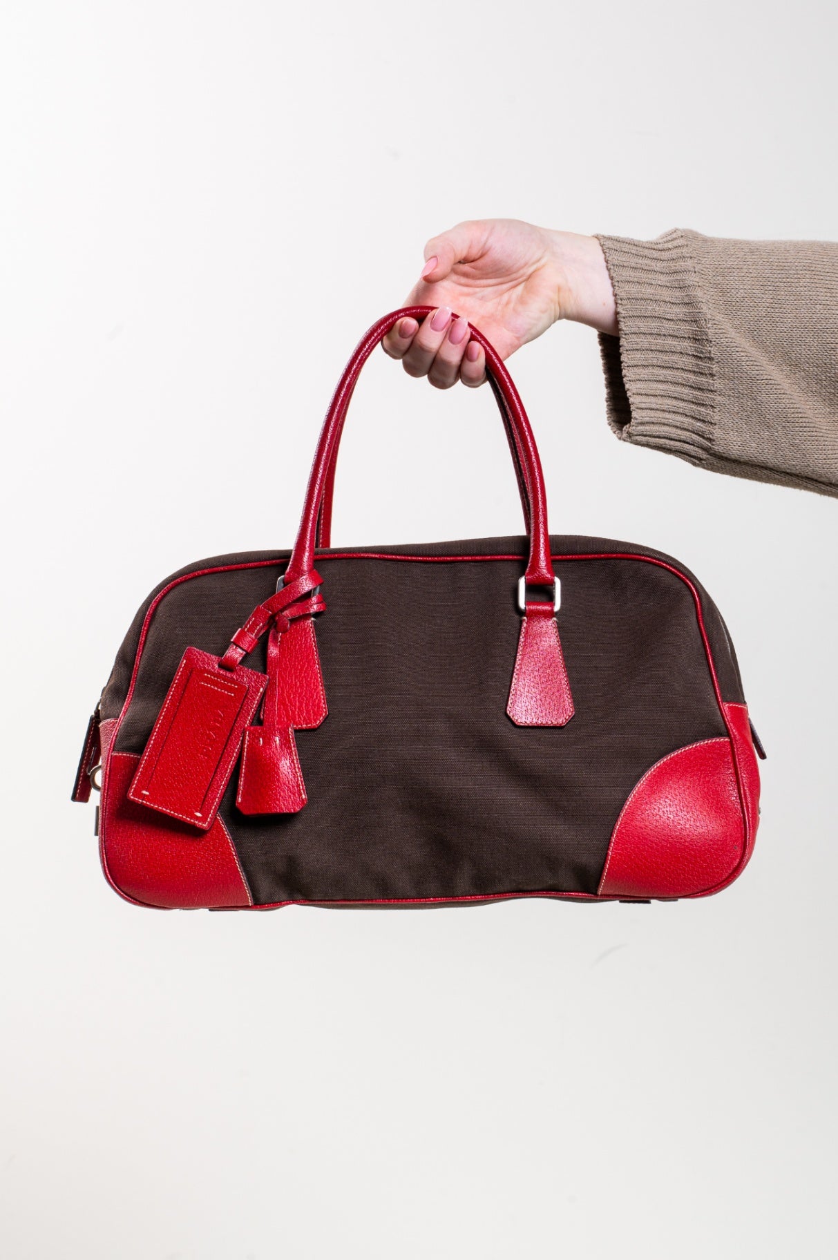 Vintage Canvas and Leather Red Brown Plaque Tote Bag