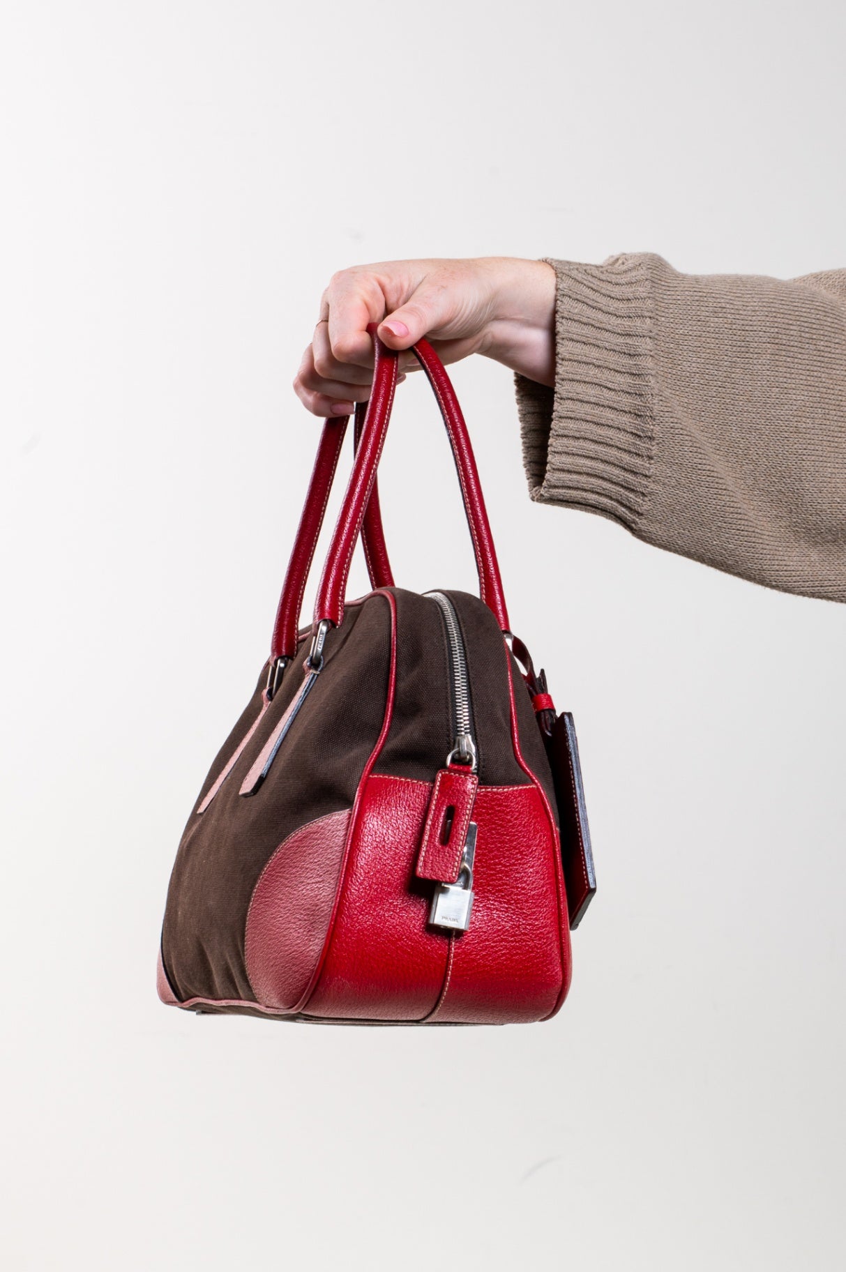 Vintage Canvas and Leather Red Brown Plaque Tote Bag