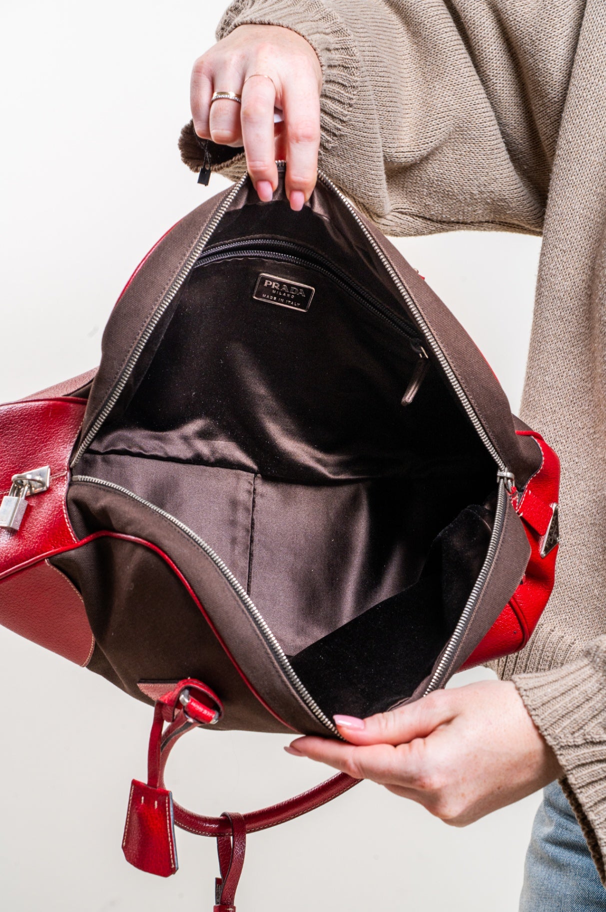 Vintage Canvas and Leather Red Brown Plaque Tote Bag