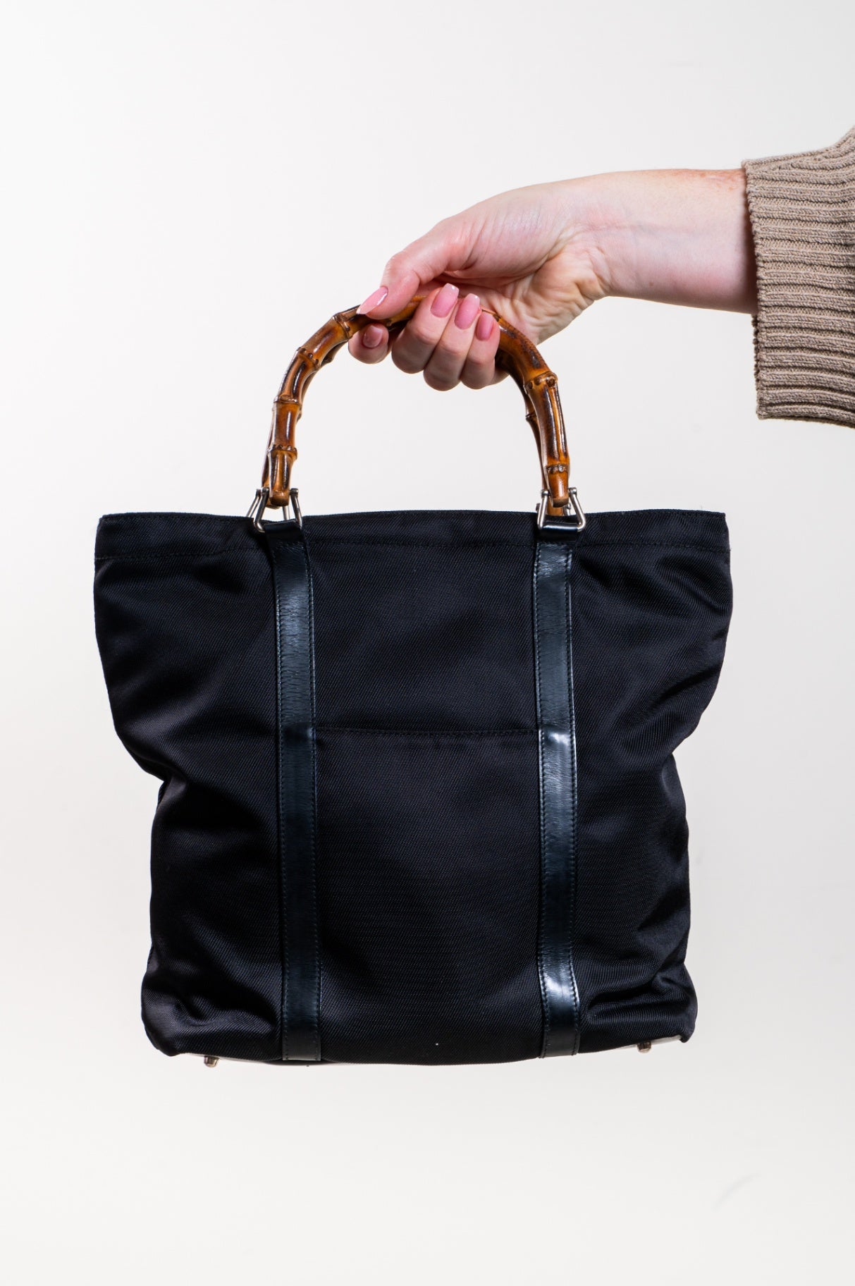 Vintage Black Bamboo Handle Canvas Tote Bag