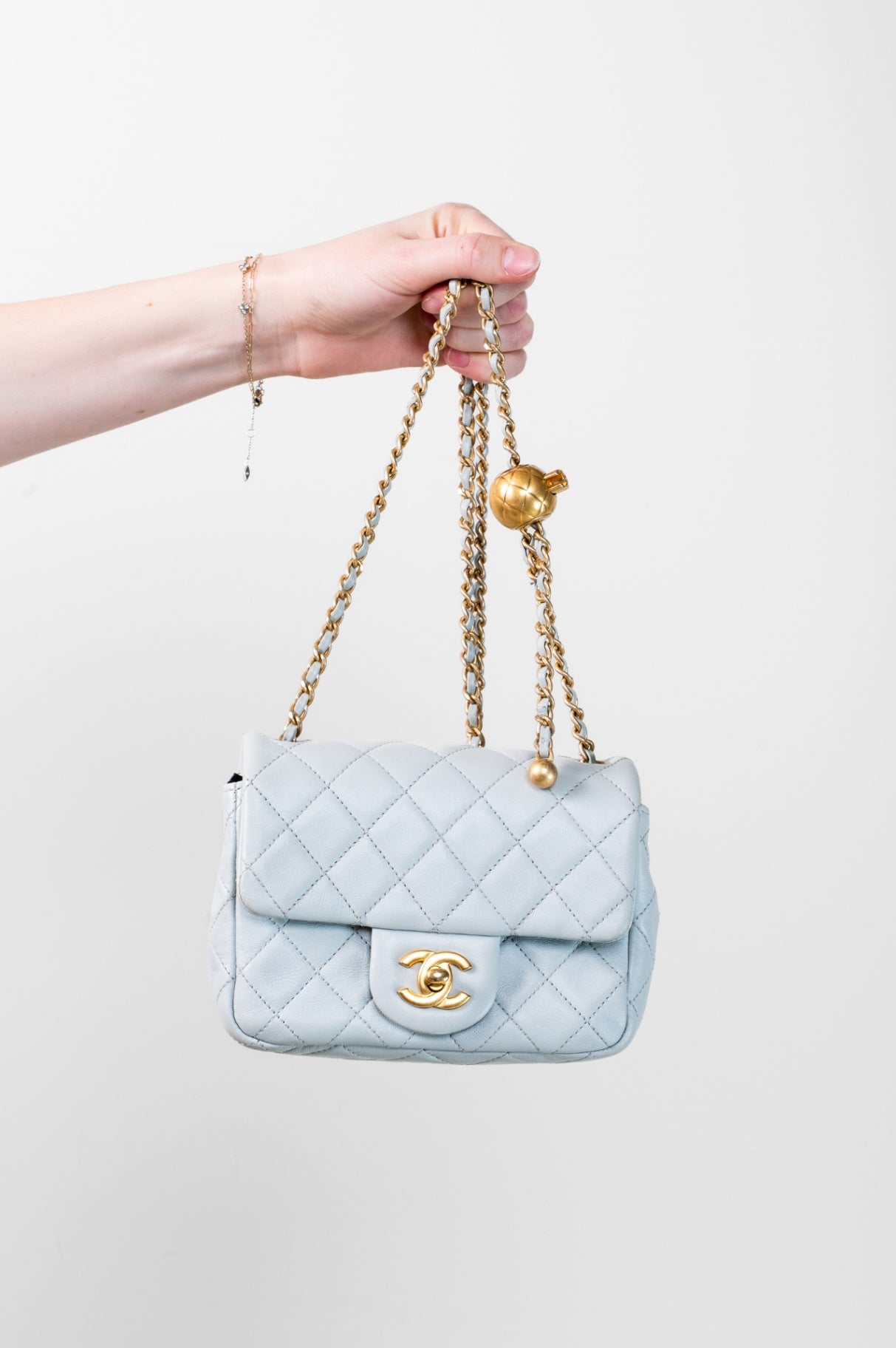 Mini Grey Lambskin Square Pearl Crush Flap Bag