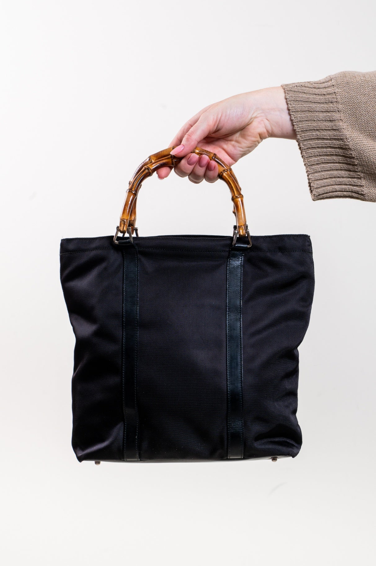 Vintage Black Bamboo Handle Canvas Tote Bag