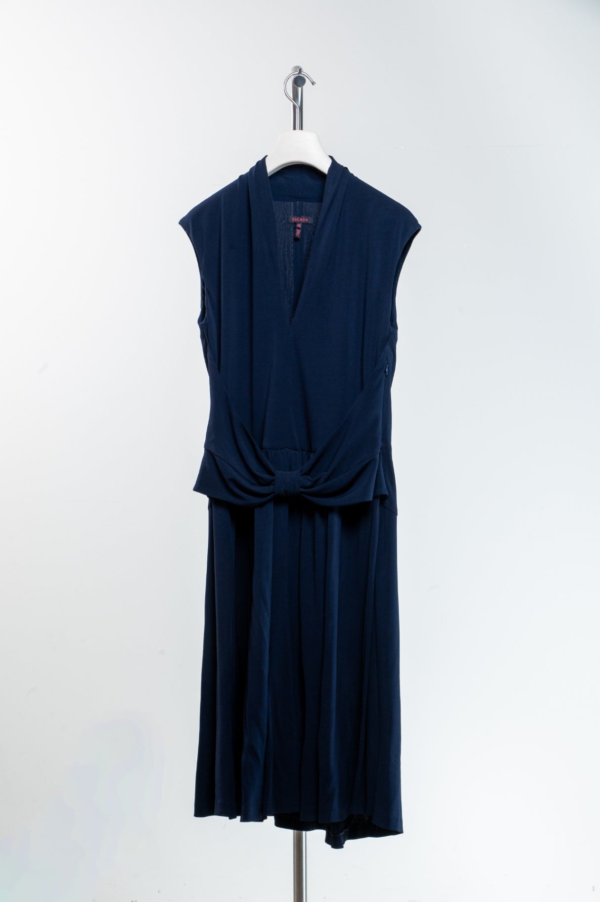 Navy Short Sleeve Bow Belt Midi Dress