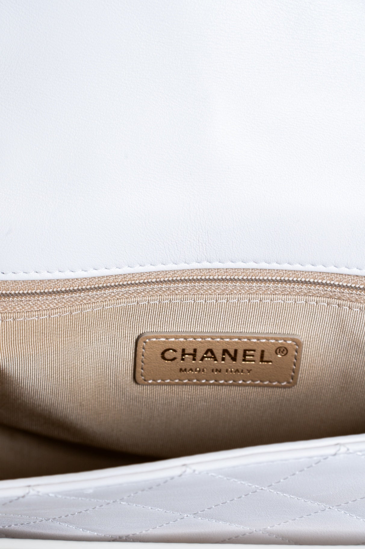 White Medium Calfskin Logo Enchained Flap Bag