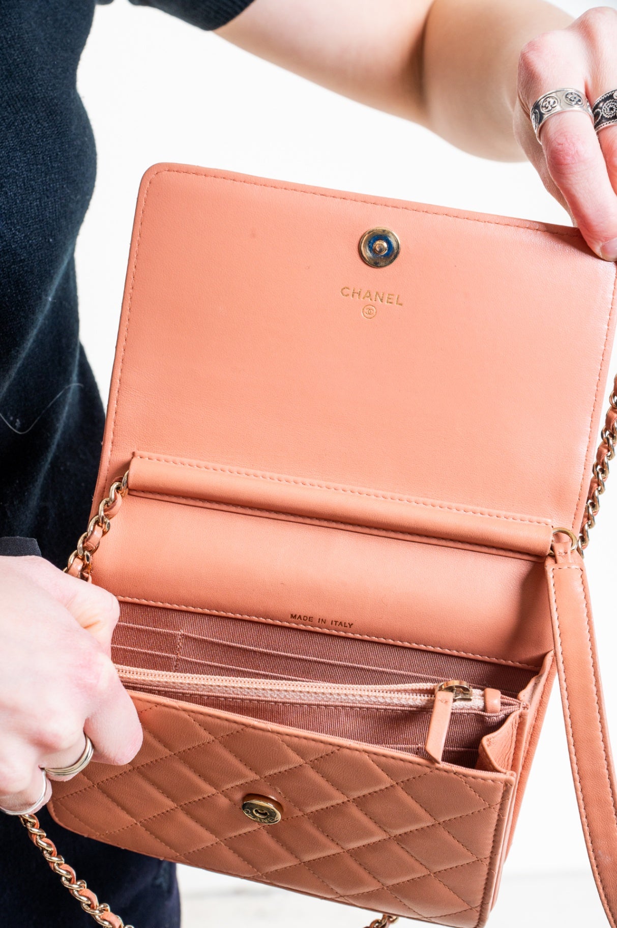 Peach Lambskin Square Wallet On Chain