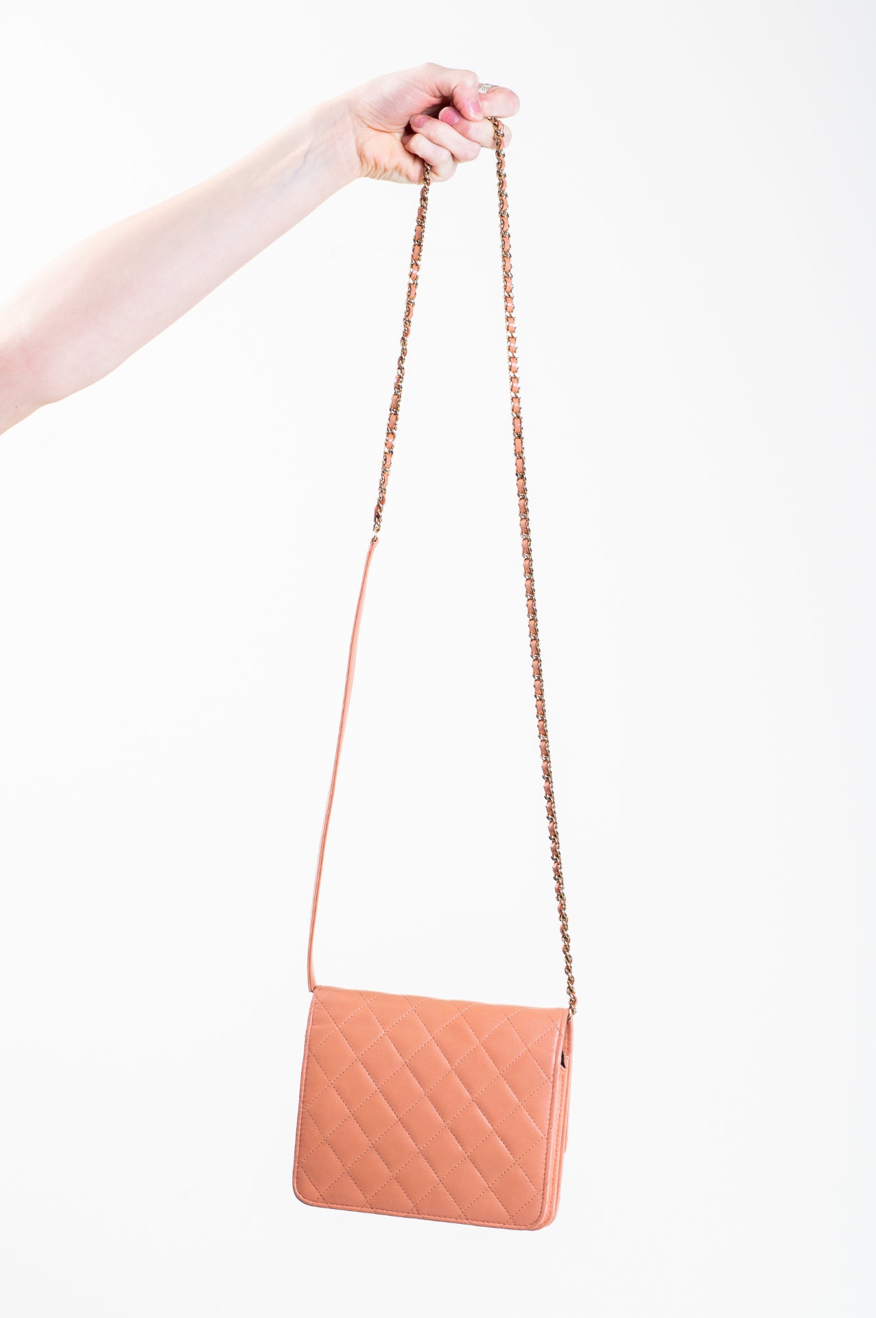Peach Lambskin Square Wallet On Chain