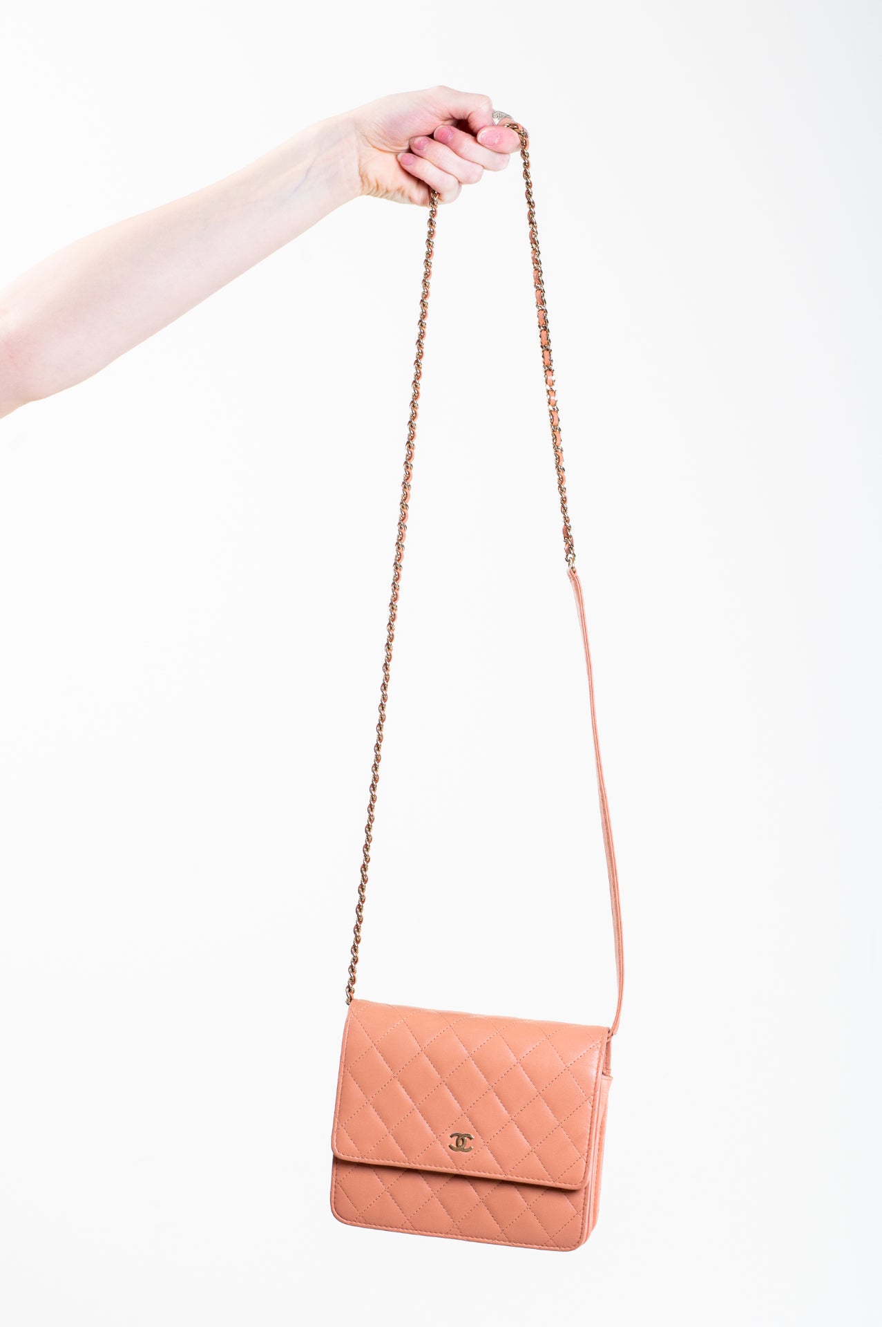 Peach Lambskin Square Wallet On Chain