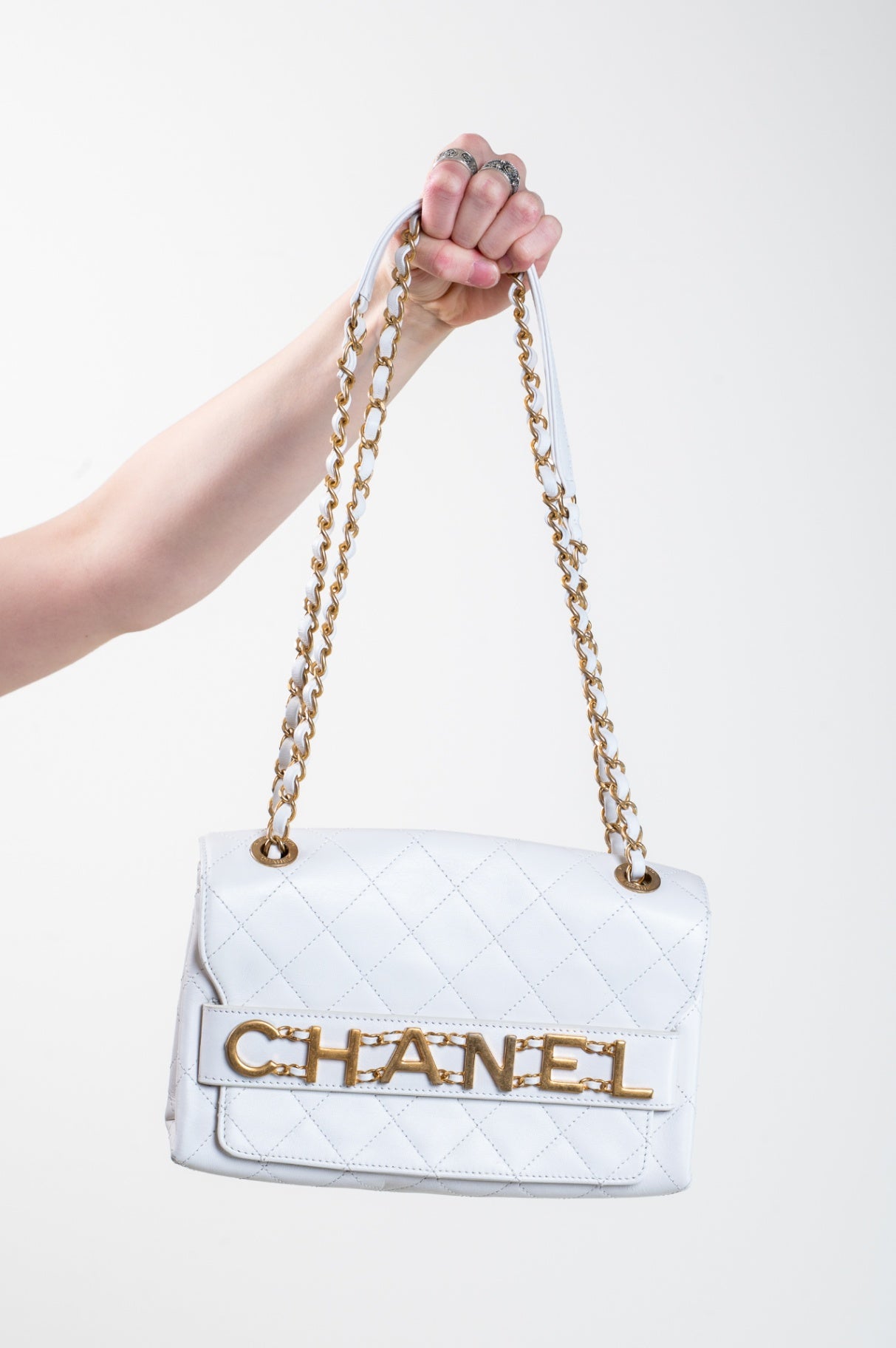 White Medium Calfskin Logo Enchained Flap Bag