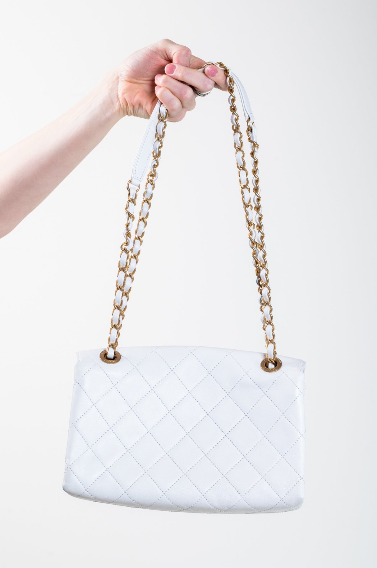 White Medium Calfskin Logo Enchained Flap Bag