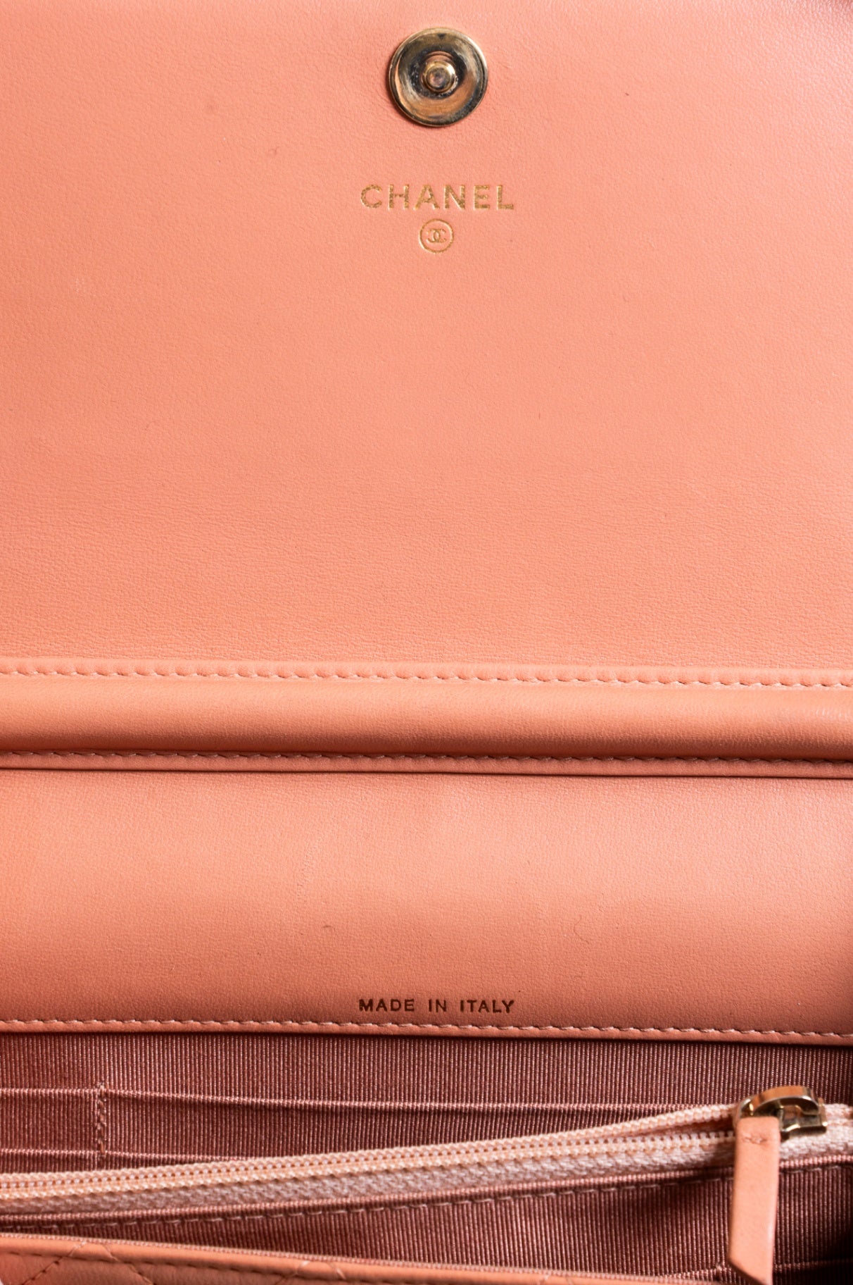 Peach Lambskin Square Wallet On Chain