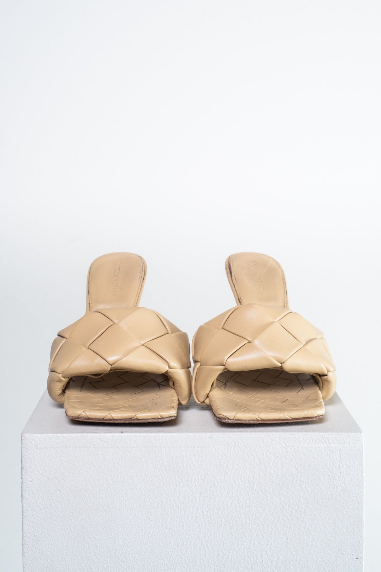 Beige Lido Intrecciato Leather Heeled Mules