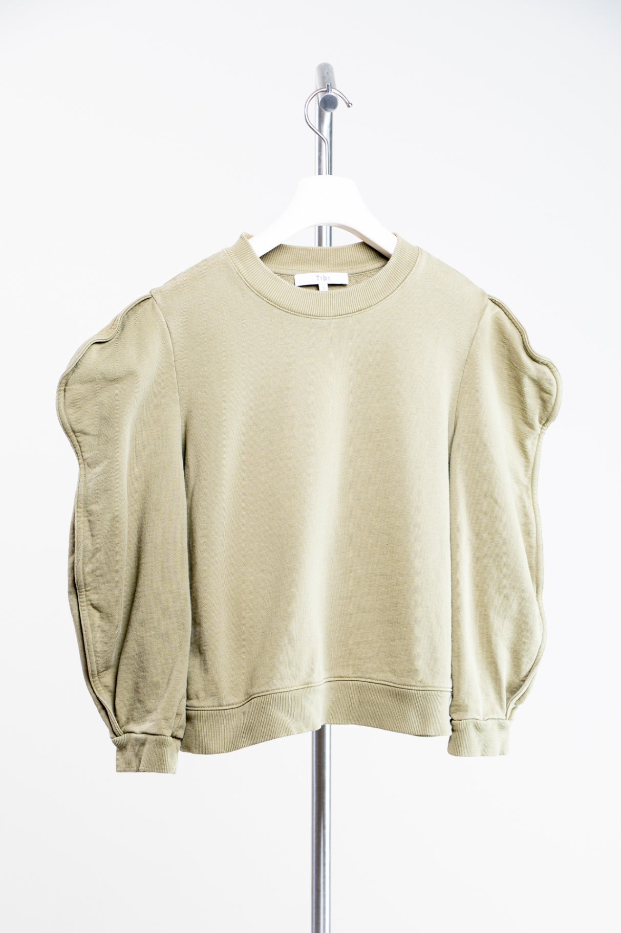 Green Khaki Cropped Crewneck Sweater w/ Shoulder Detail