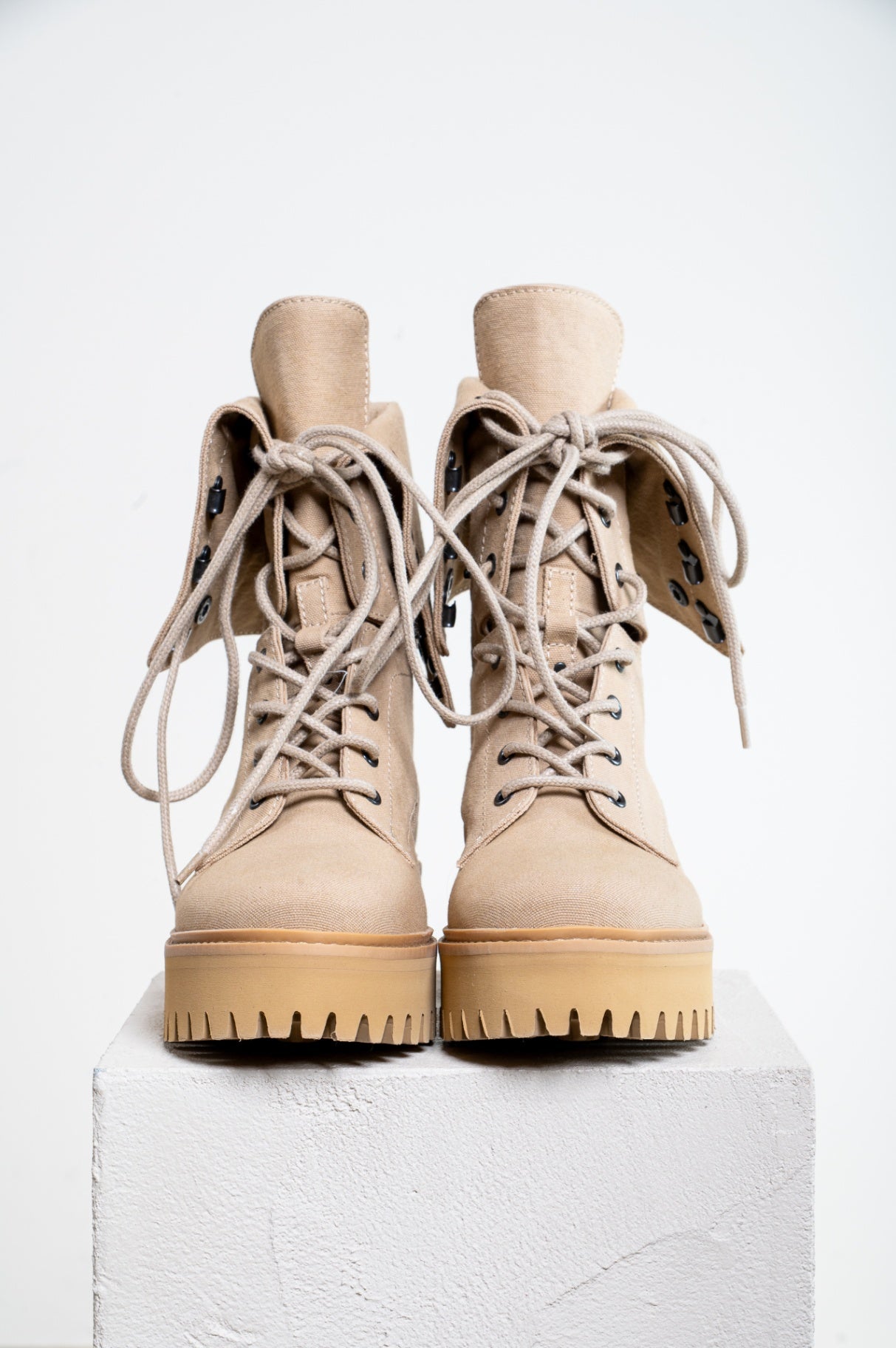 Beige Foldover Tie Up Boots