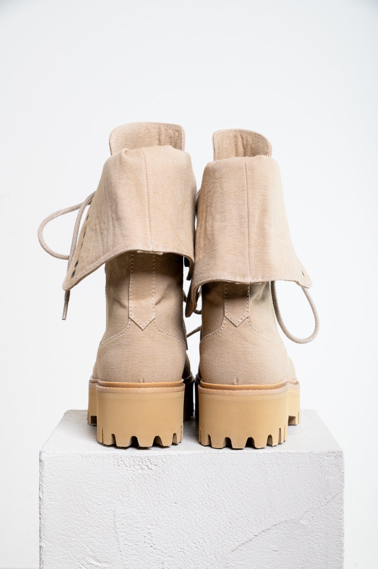 Beige Foldover Tie Up Boots
