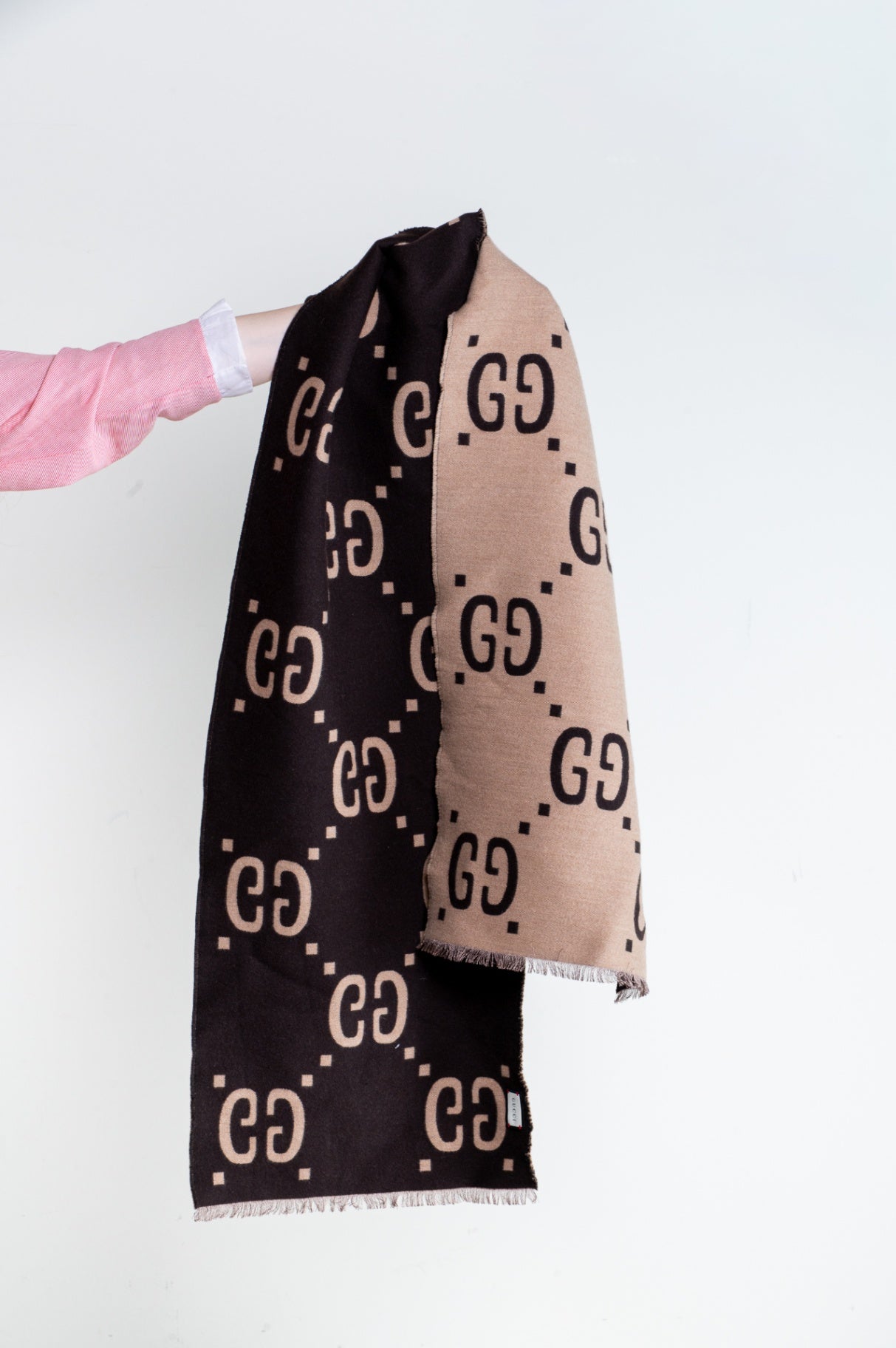 Brown and Beige GG Jacquard Wool Silk Scarf