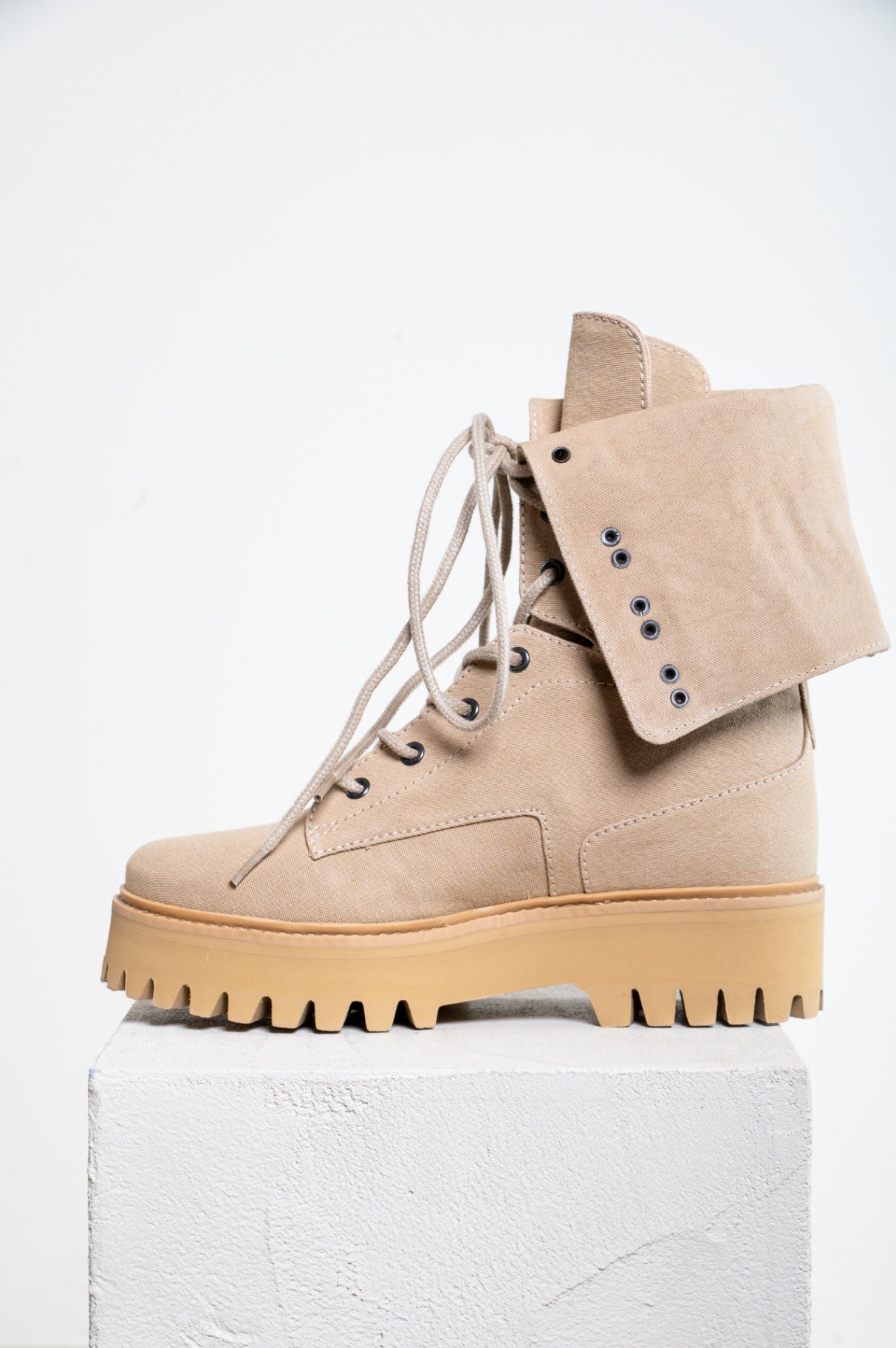 Beige Foldover Tie Up Boots