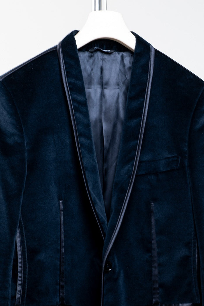 Navy Velvet-Like Blazer w/ Silk Piping Detail