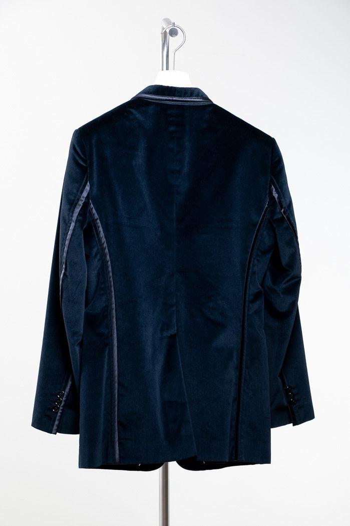 Navy Velvet-Like Blazer w/ Silk Piping Detail