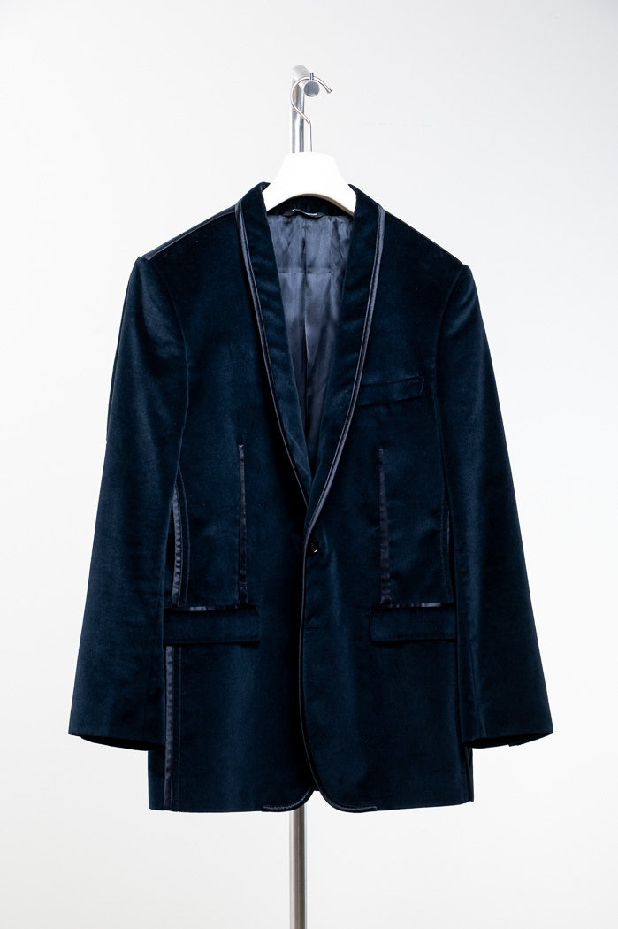 Navy Velvet-Like Blazer w/ Silk Piping Detail