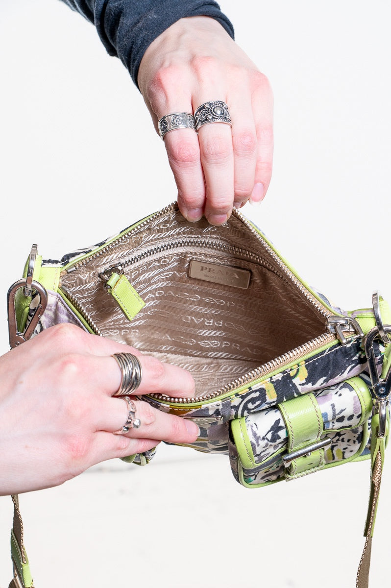 Green Multi Print Nylon Plaque Crossbody Bag