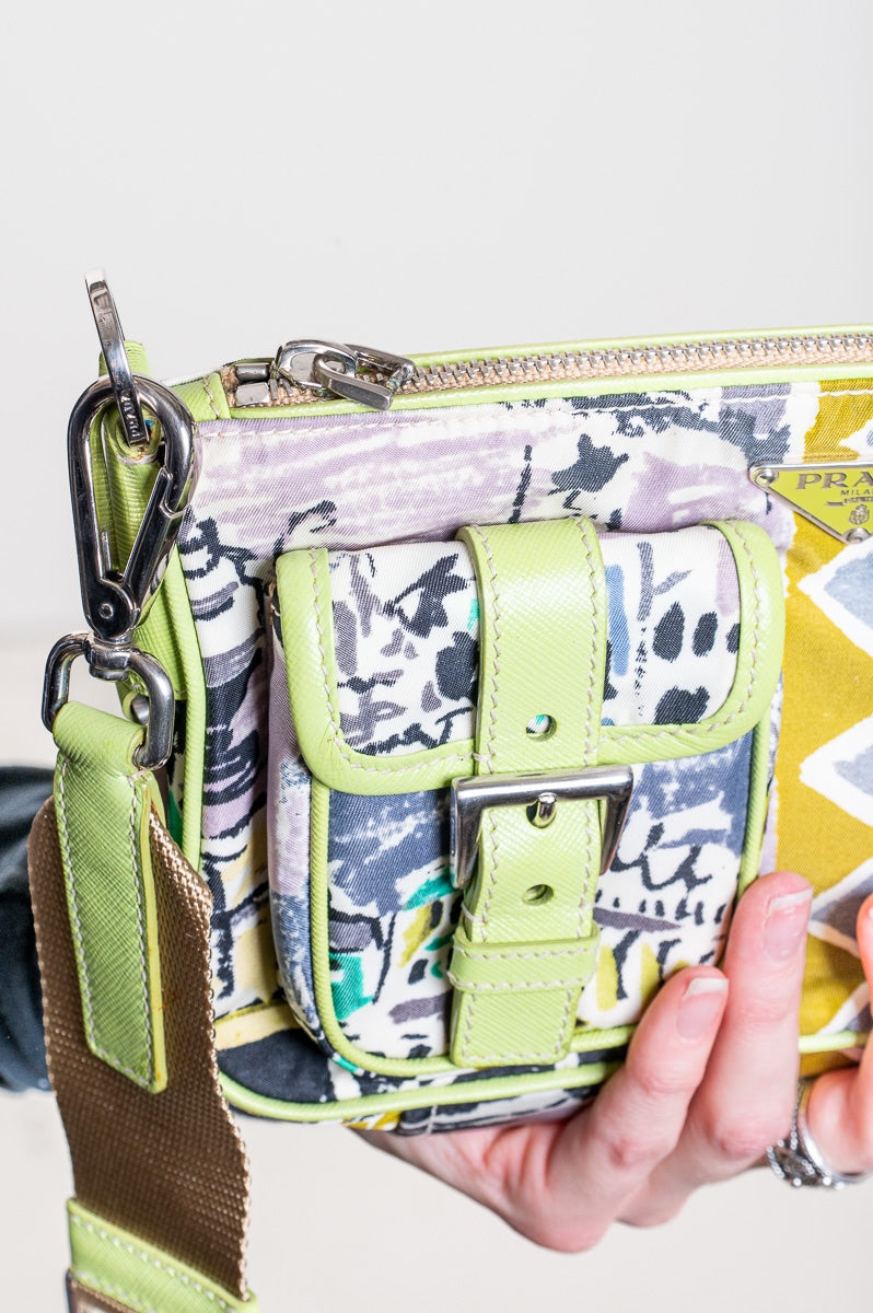 Green Multi Print Nylon Plaque Crossbody Bag