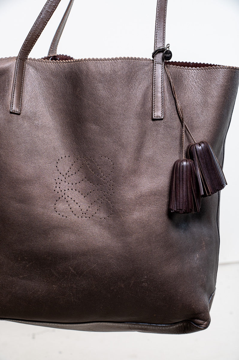 Bronze Leather Logo Tote Bag with Tassels
