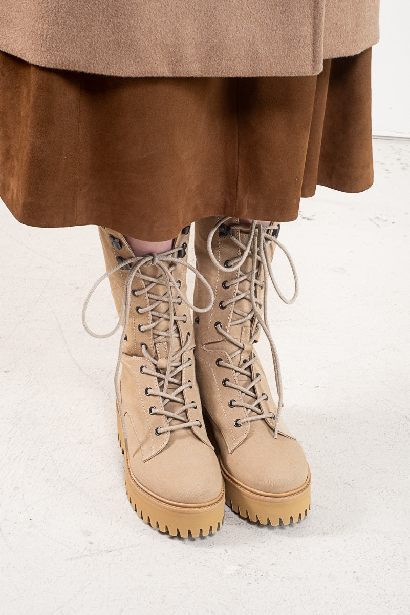 Beige Foldover Tie Up Boots