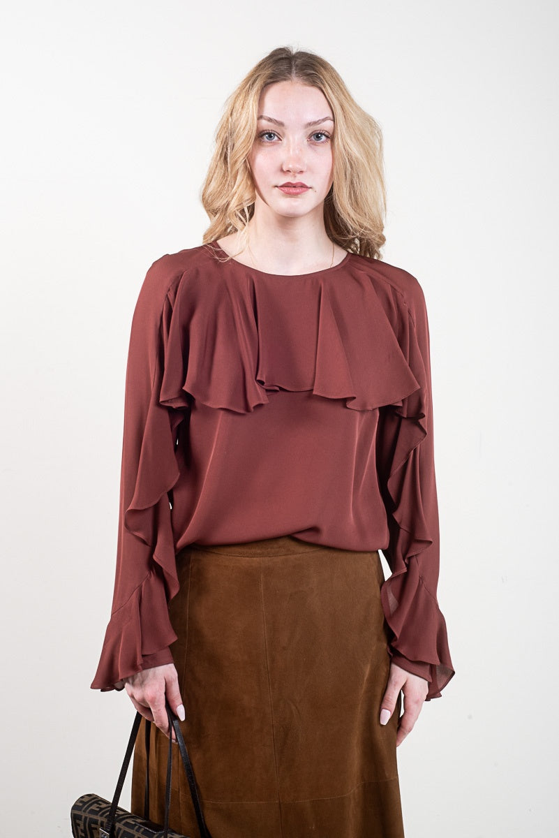 Terracotta Long Sleeve Ruffle Blouse
