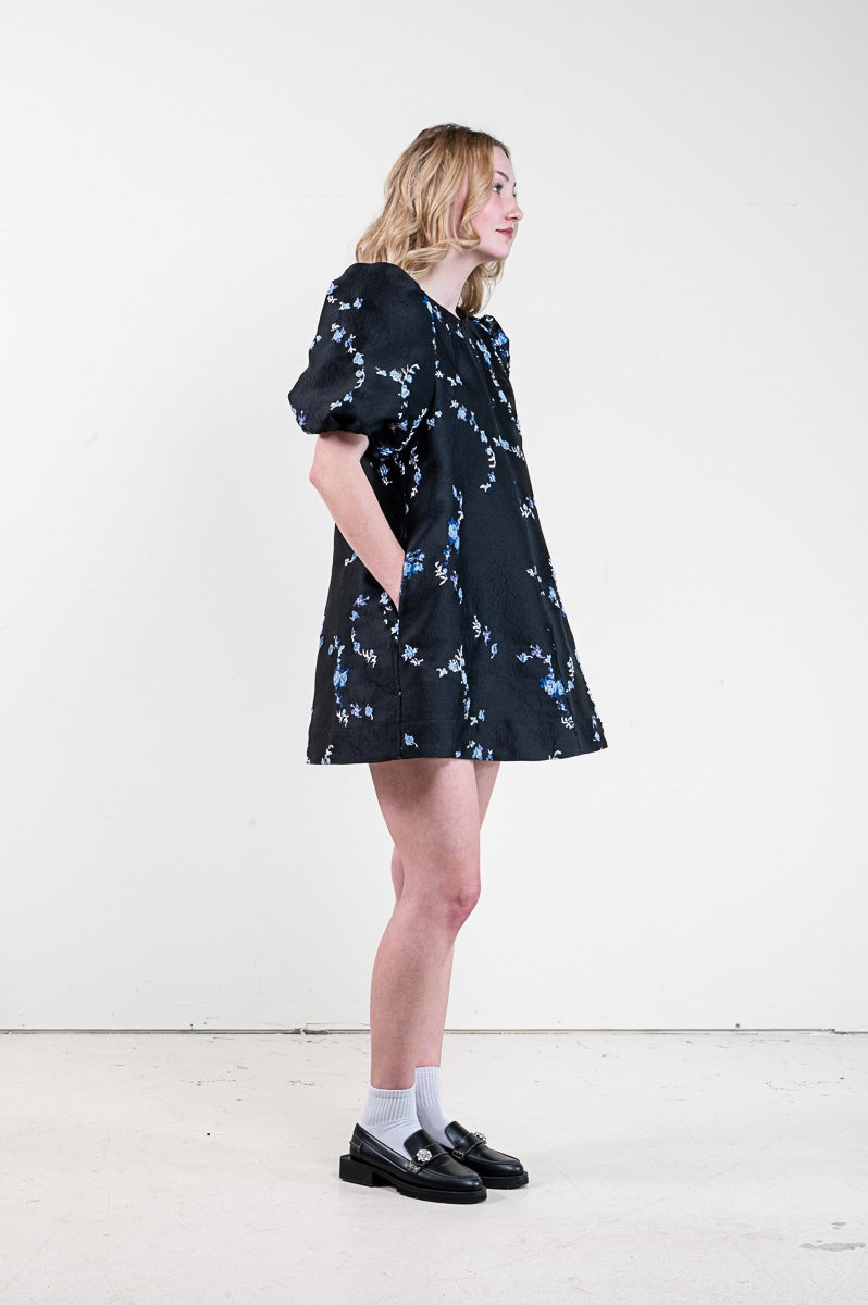 Black Floral Jacquard Puff Sleeve Mini Dress