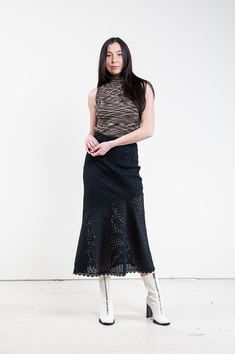 Black Eyelet Knit Midi Skirt