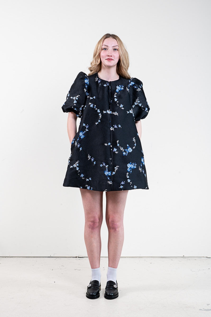 Black Floral Jacquard Puff Sleeve Mini Dress