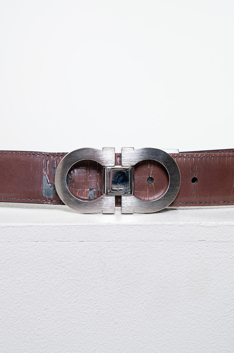 Brushed Metal Buckle on Brown & Black Reversible Belt