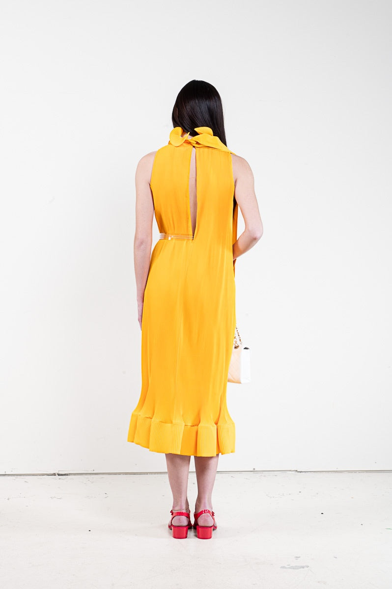 Marigold Pleated Mockneck Ruffle Midi Dress