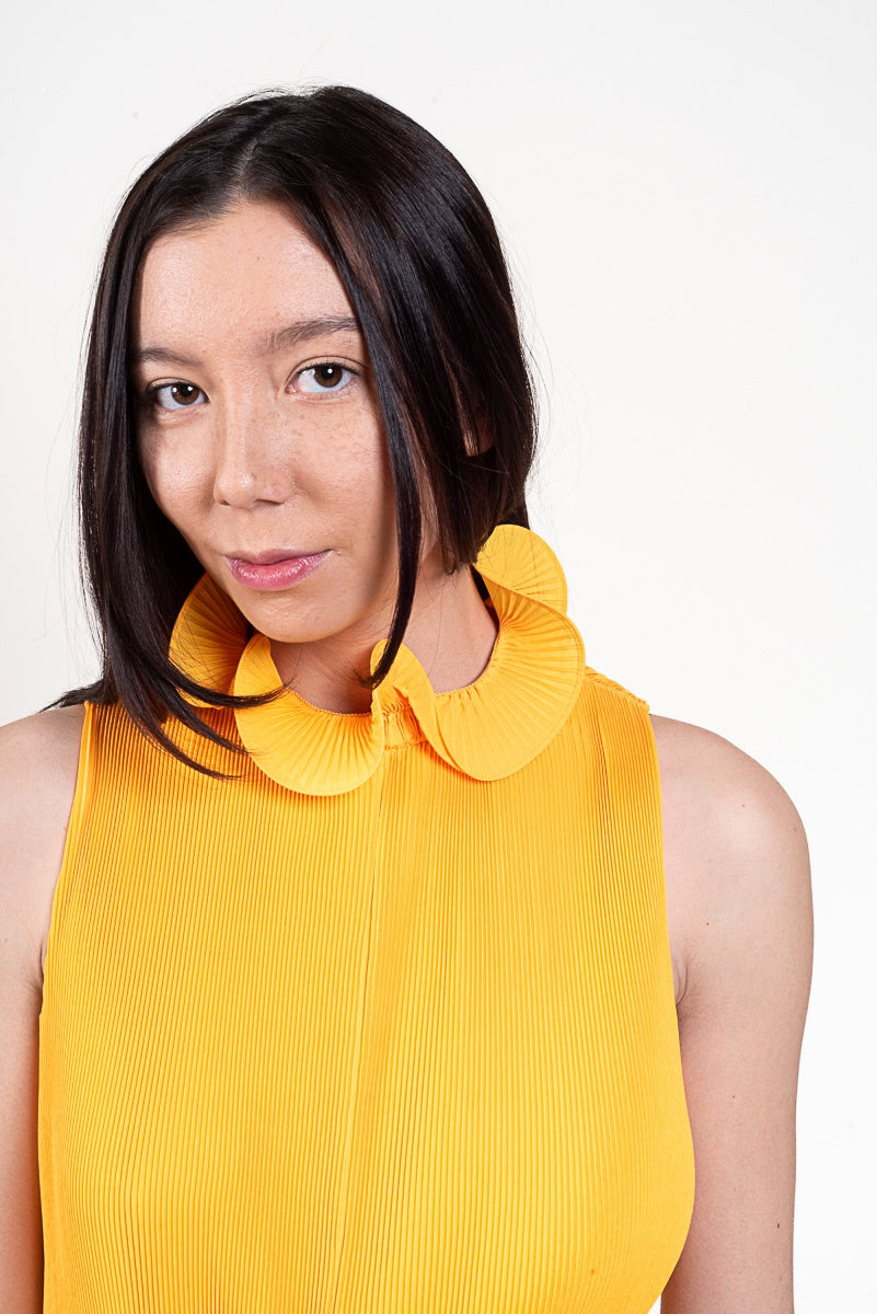 Marigold Pleated Mockneck Ruffle Midi Dress