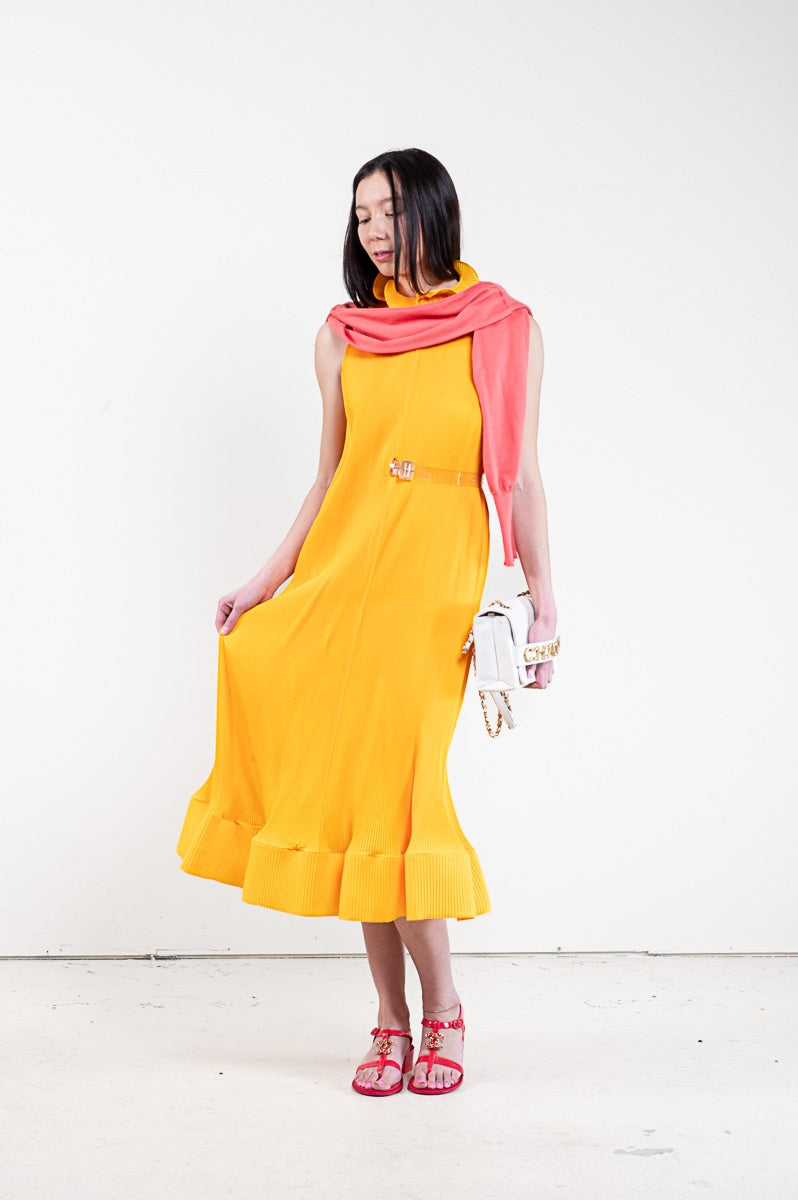 Marigold Pleated Mockneck Ruffle Midi Dress