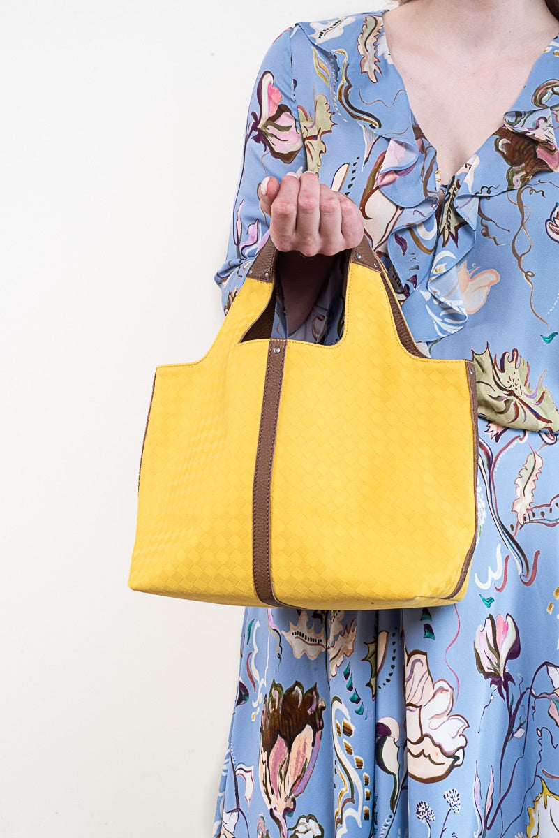Yellow and Brown Leather Textured Tote